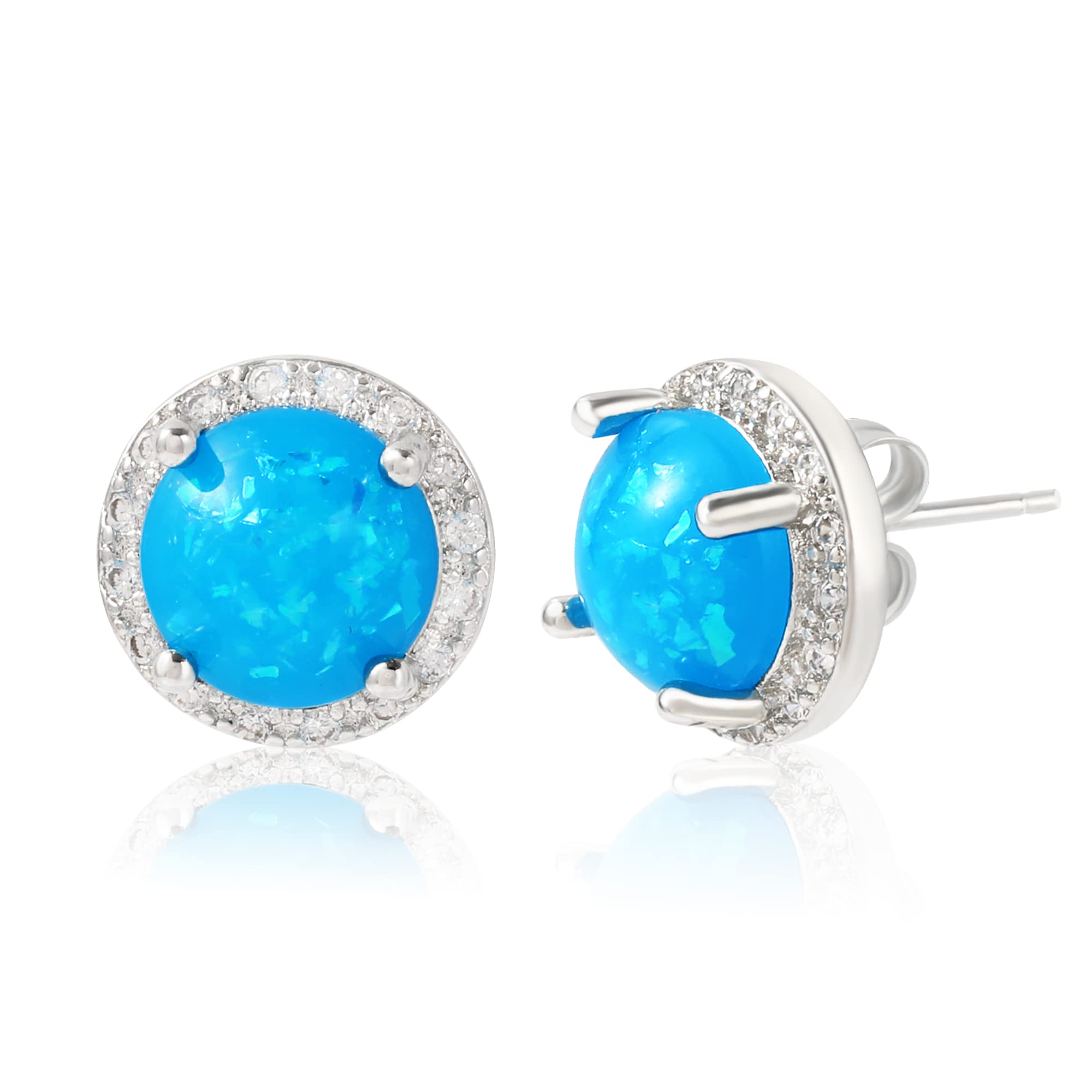 Blue Opal Halo Stud Earrings & Beaded Necklace Set - Silver Plated Hypoallergenic Cubic Zirconia Jewelry for Women & Girls | Perfect for Weddings, Parties & Gift Giving