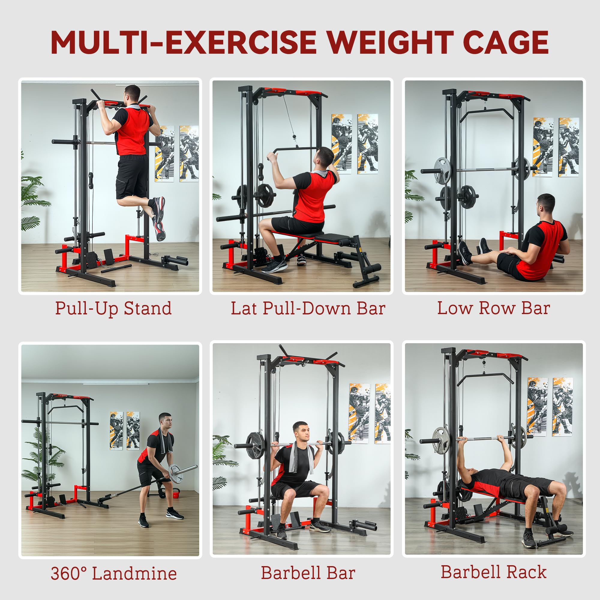 Soozier Power Cage Smith Machine - Multi-Function Home Gym Power Rack with Pull Up Bar, LAT Pull Down System, Squat Rack, Barbell Bar & Landmine Attachment - Perfect for Strength Training, Weight Lifting & Full Body Workouts at Home