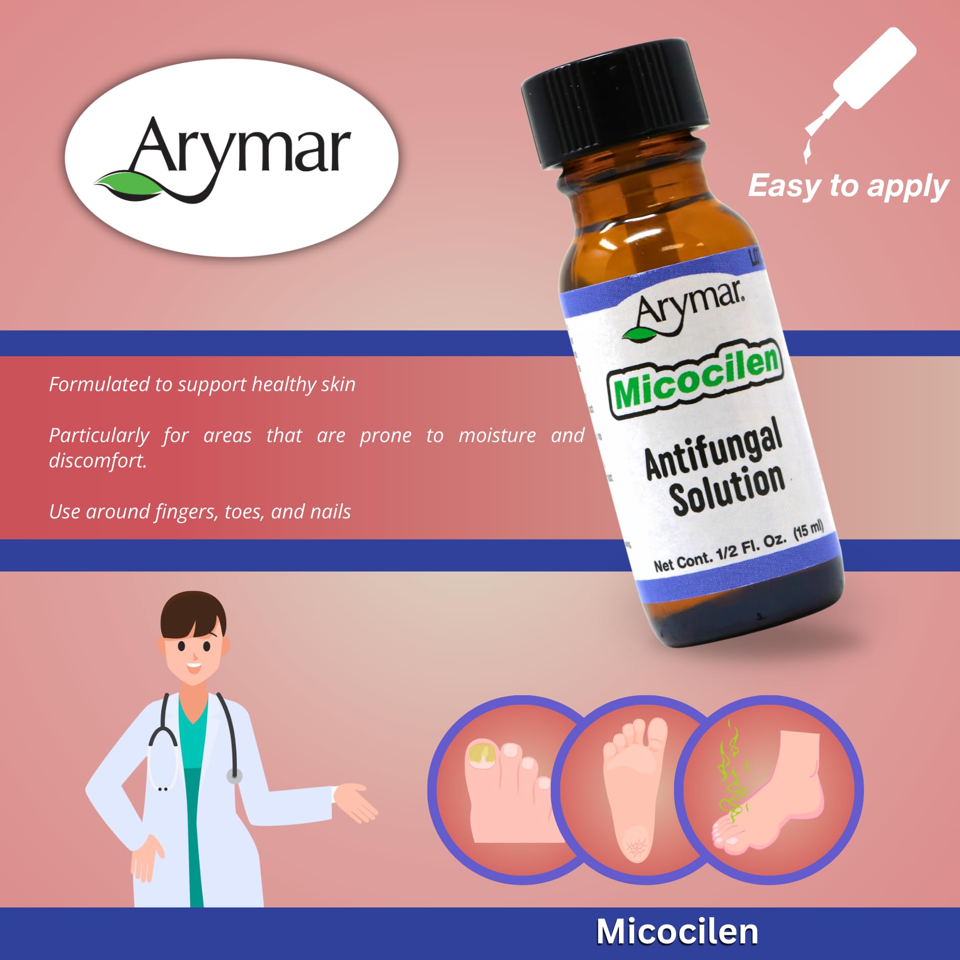 Arymar Micocilen Antifungal Cream 1/2oz - Treats Toenail Fungus, Athlete's Foot & Nail Infections - Fast-Acting Foot Care Solution for Healthy Skin & Nails - Perfect for Daily Use at Home, Gym or Travel