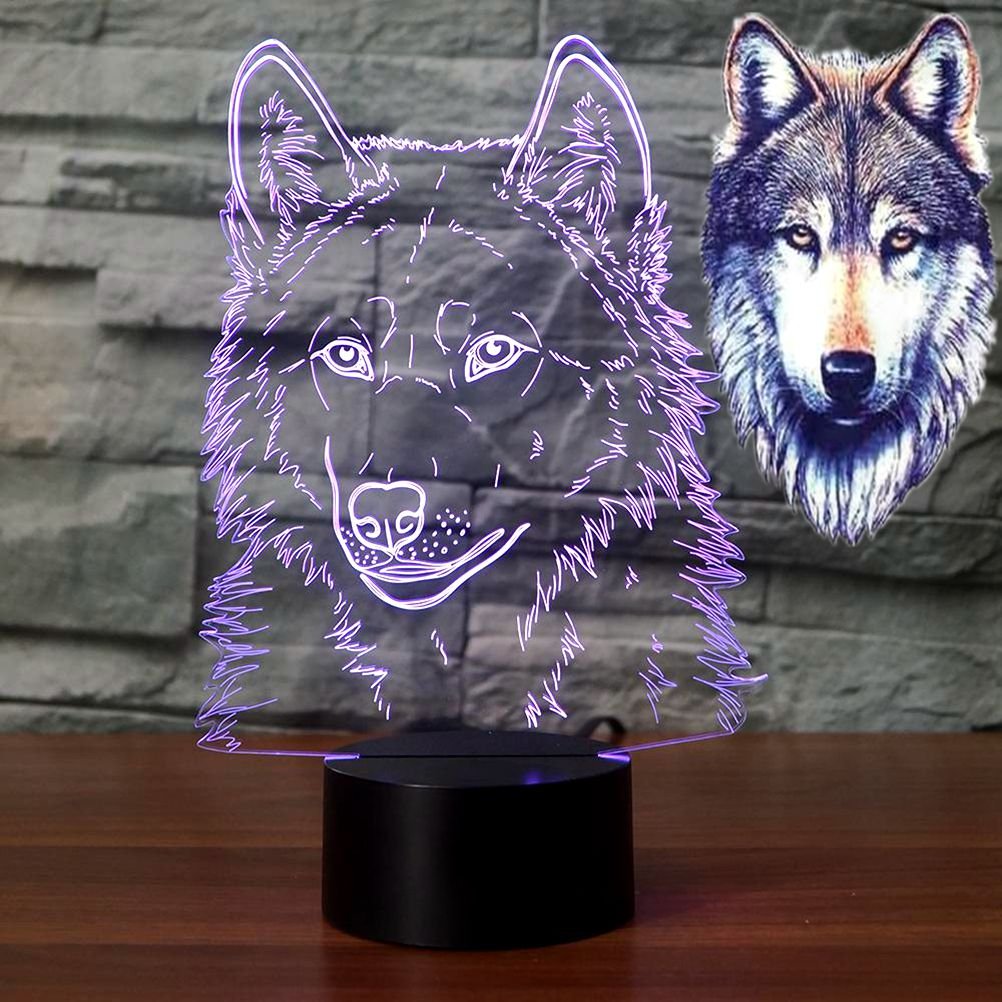 Idee Monto 3D Illusion LED Night Light - Animal Wolf Head Shape, 7 Color Changing Touch Lamp for Kids Room, Bedside Table, Home Office Decor | Perfect for Nursery, Birthday Gifts & Mood Lighting