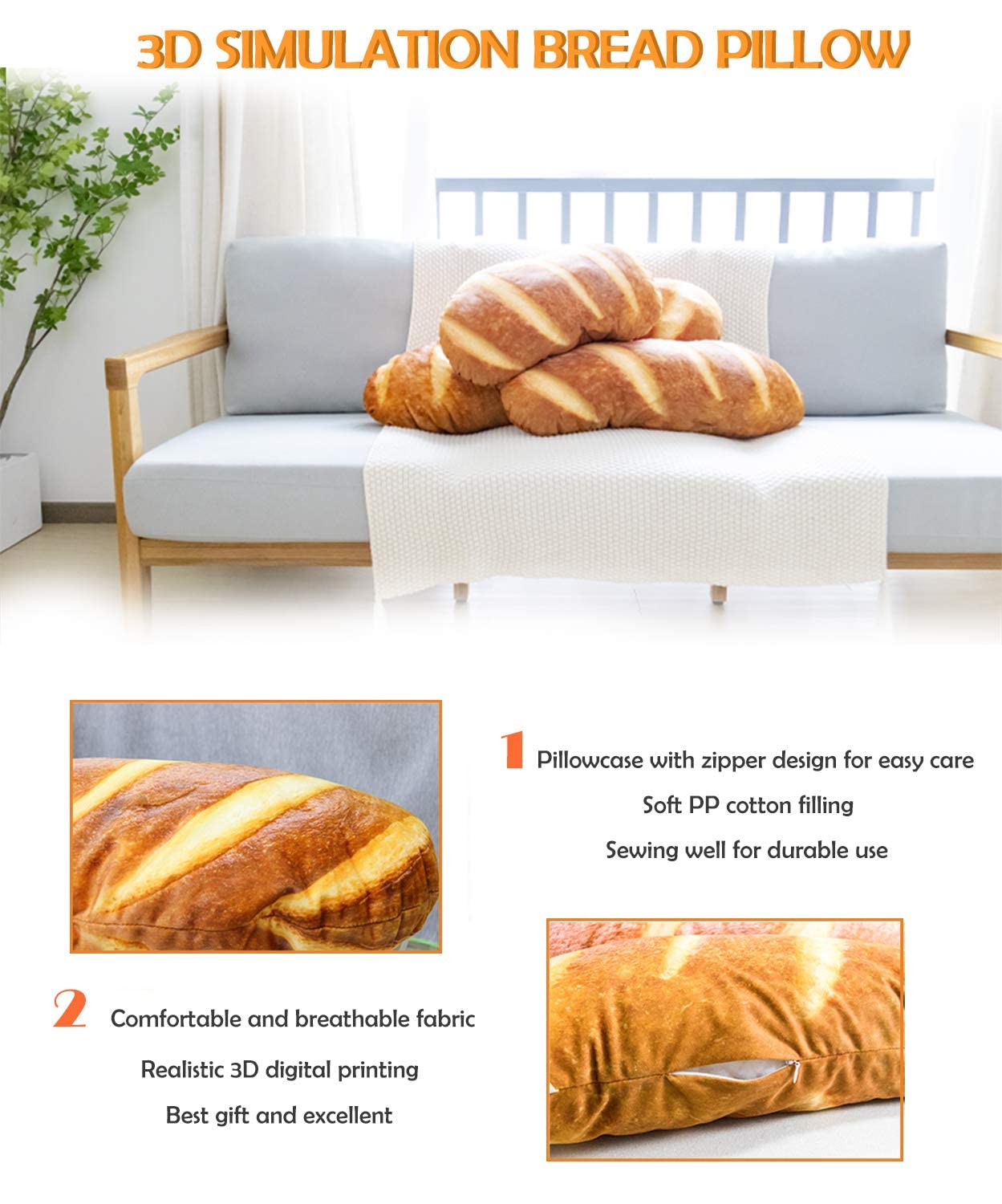 Wepop 32-inch 3D Simulation Bread Shaped Pillow - Soft Lumbar Support Cushion, Funny Baguette Plush Stuffed Toy for Home, Office & Car (Perfect Gift for Food Lovers)