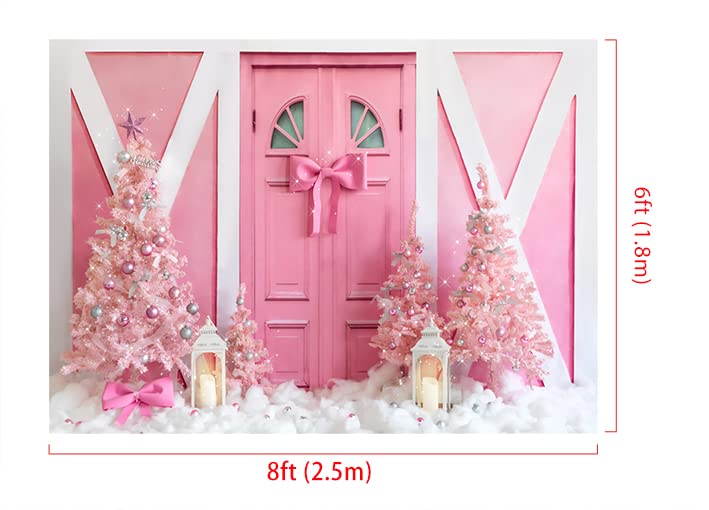 8x6ft Pink Christmas Backdrop with Princess Door & Xmas Tree - High Resolution Printed Photo Studio Background for Holiday Videos, Parties & Social Media Content Creation