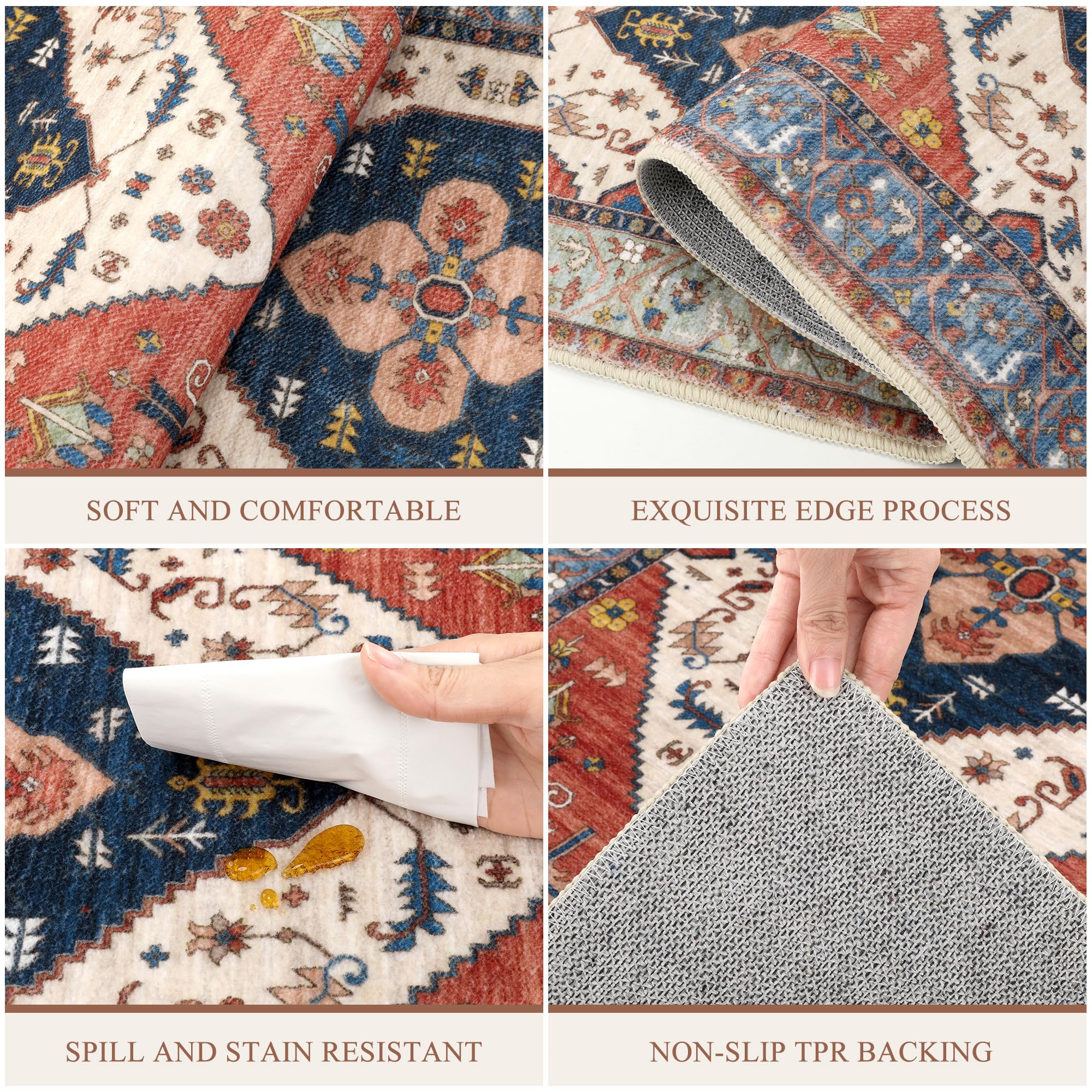 Pauwer Non-Slip Washable Kitchen Rugs Set of 3 - Farmhouse Boho Style Floor Mats for Kitchen, Sink, Hallway & Laundry Room | Rust Color | Perfect for High-Traffic Areas & Spill-Prone Spaces