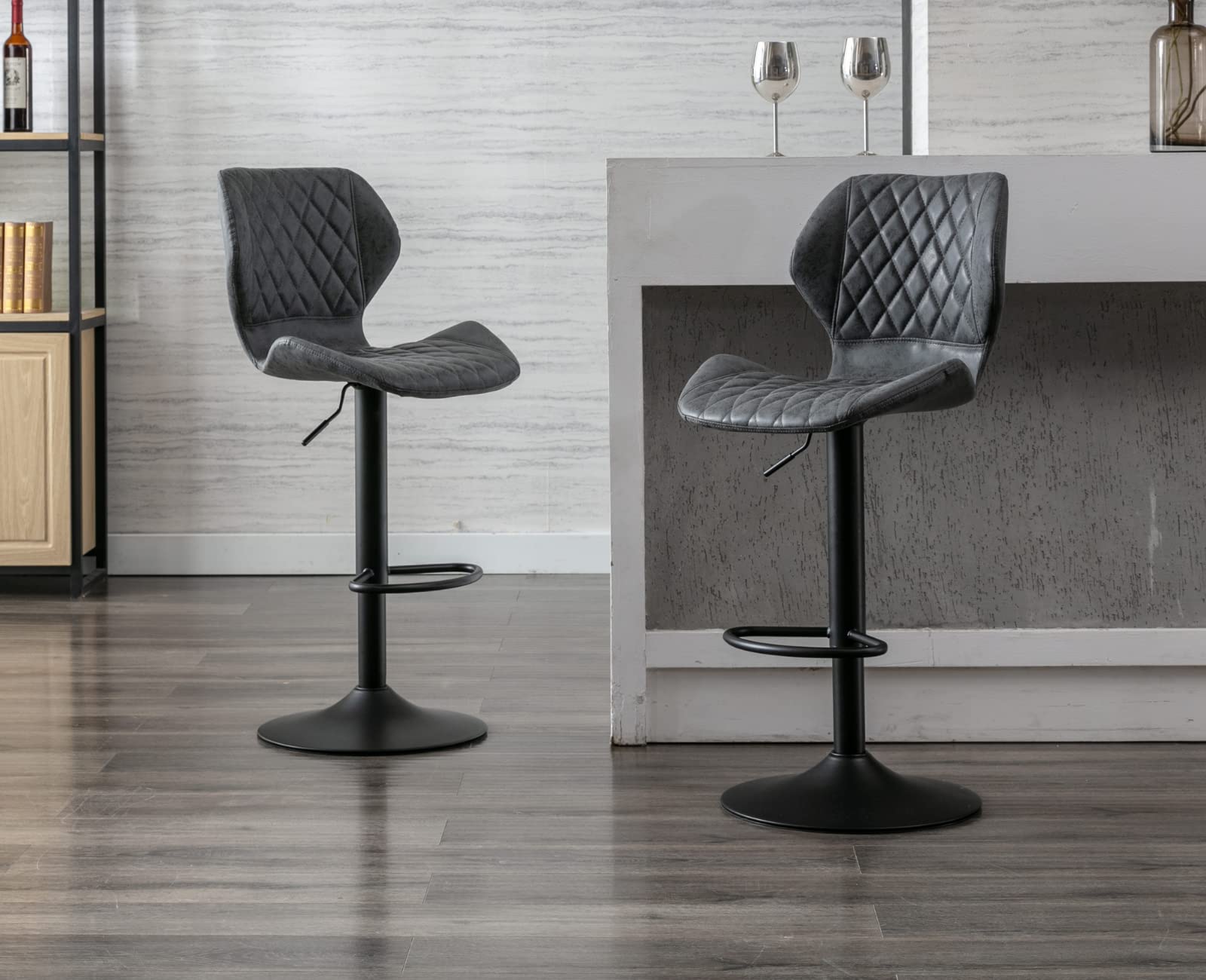 EALSON Set of 2 Modern Swivel Bar Stools - Adjustable Height PU Leather Counter Stools with Backrest for Kitchen Island, Home Bar & Dining Room - Dark Grey | Perfect for Entertaining, Breakfast Nooks & Small Spaces