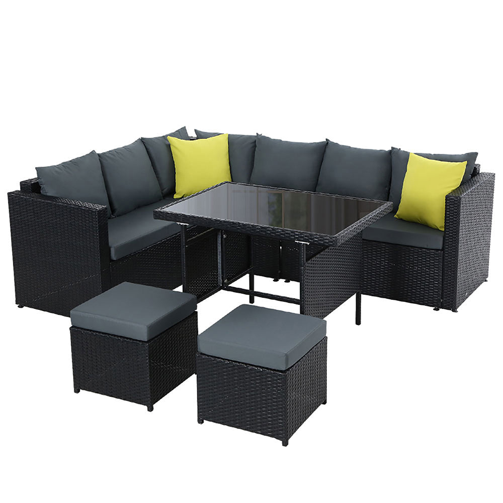 8-Piece Hamilton Outdoor Corner Dining Set with Black Frame & Gray Cushions - Perfect for Patio, Garden, and Backyard Entertaining