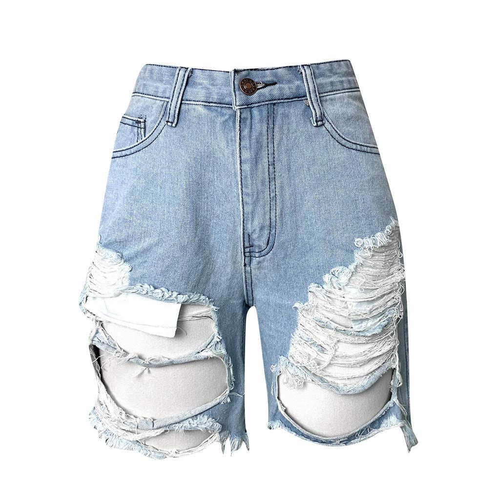 POLLYANNA KEONG Women's Distressed Denim Shorts - Mid Rise Ripped Jeans with Raw Frayed Hem | Casual Summer Outfits, Beach Wear & Street Style Fashion