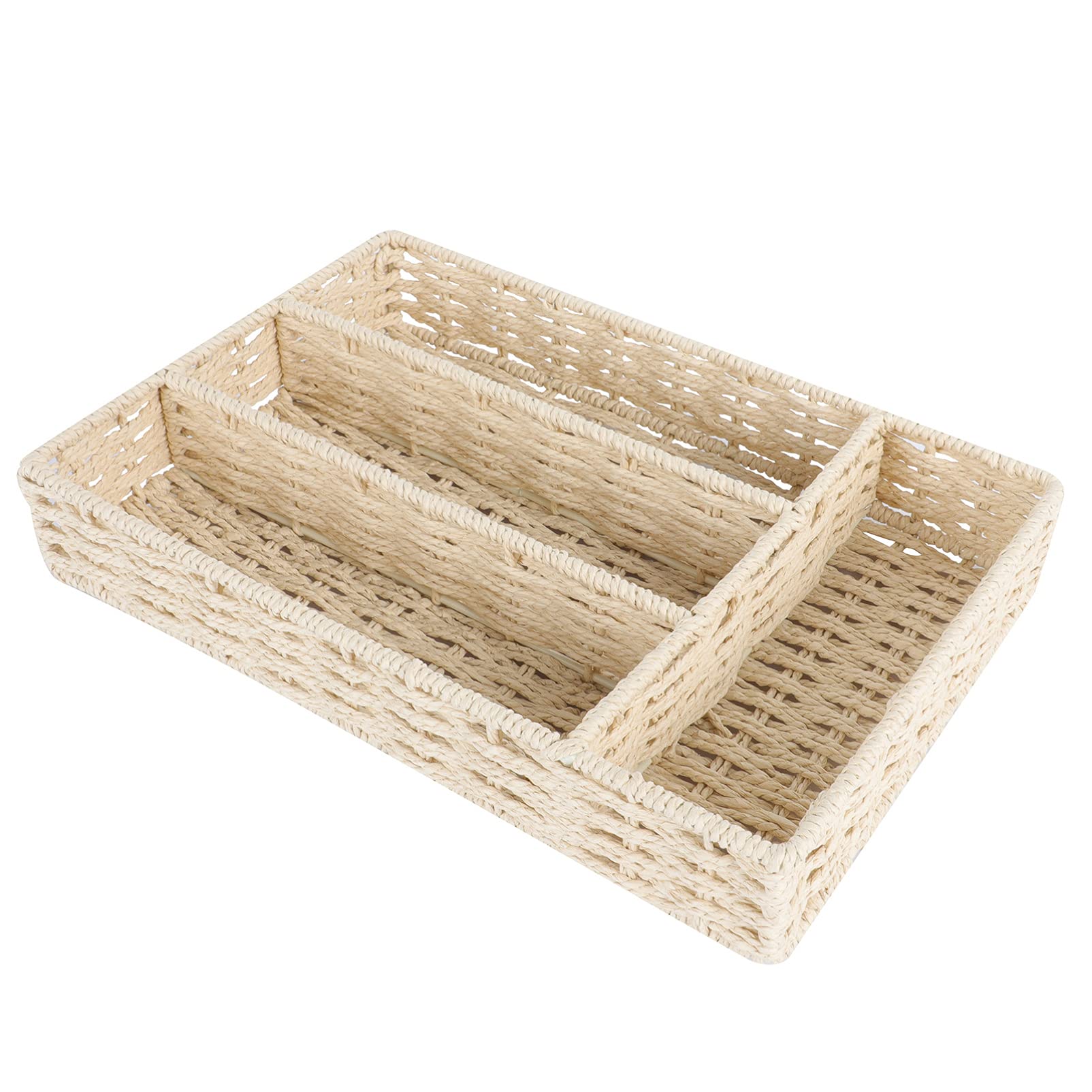 DOITOOL Natural Wicker Kitchen Utensil Drawer Organizer with Dividers, Rattan Flatware Basket for Cutlery Storage, Perfect for Kitchen Drawers and Dining Table Serving