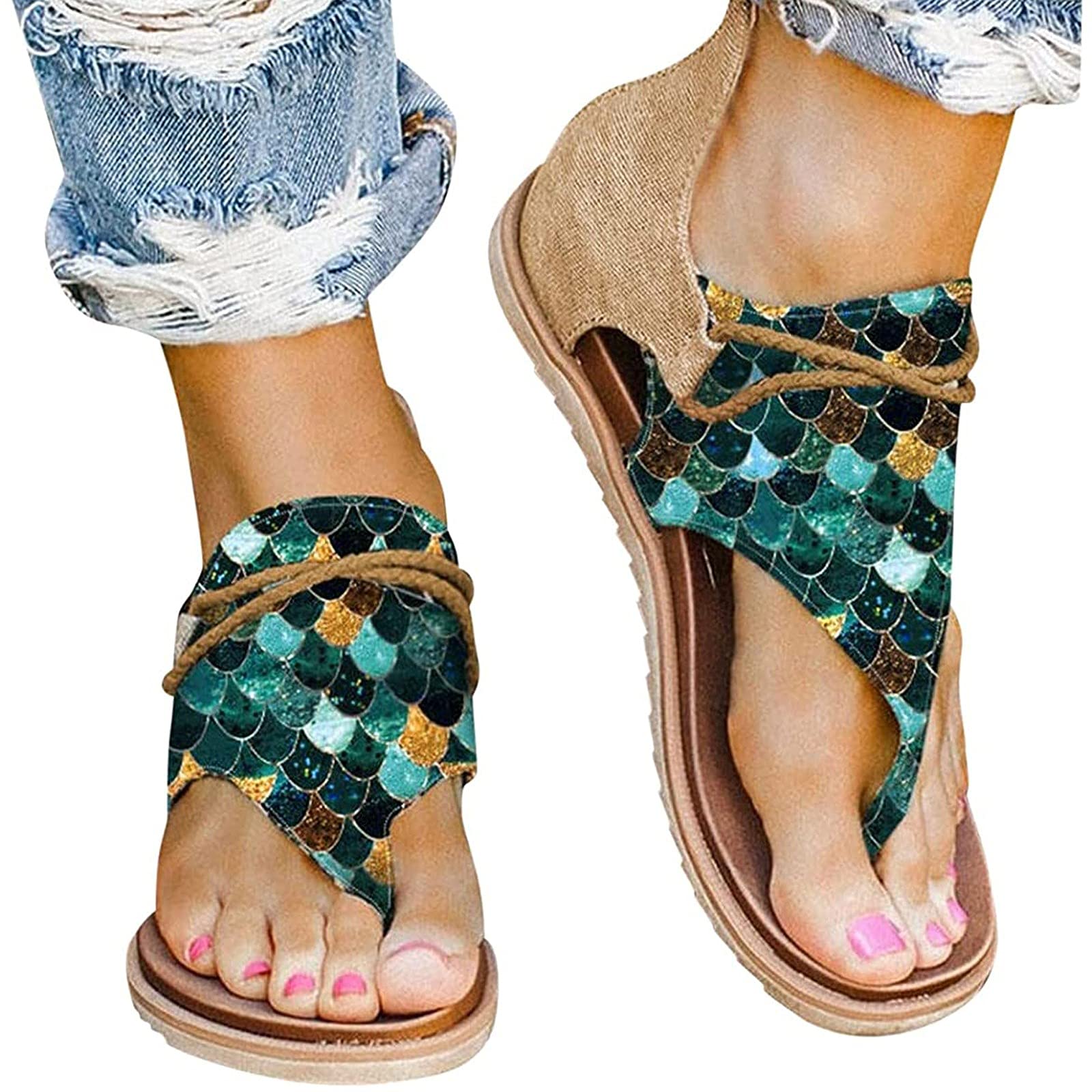 Women's Bohemian Beach Sandals - Retro Summer Flip Flops with Zipper Detail | Comfortable Open-Toe Flat Sandals for Casual Wear, Vacation & Beach Outings