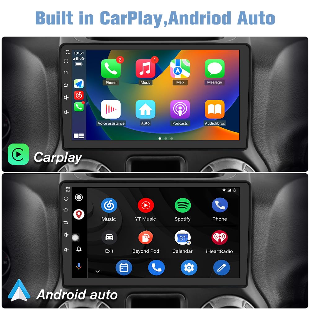 Jeep Wrangler JK Compass Grand Cherokee Dodge Ram Car Stereo with Apple CarPlay & Android Auto - Bluetooth Touchscreen Radio for Seamless Music & Navigation (Perfect for Road Trips & Daily Commutes)