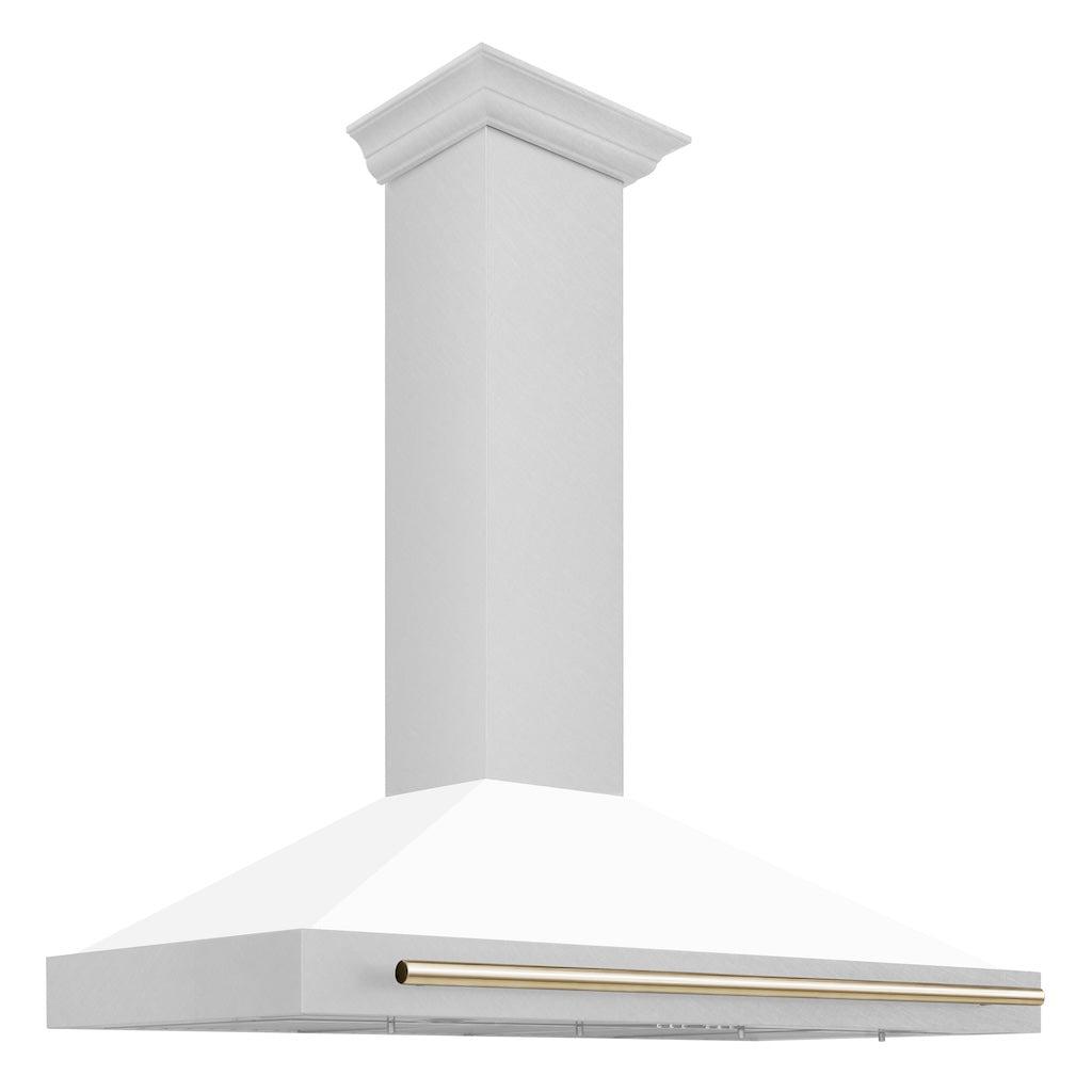 ZLINE KB4SNZ WM30 G 30-Inch Convertible Wall Mount Range Hood - Satin Stainless Steel with White Matte Shell & Polished Gold Handle - Autograph Edition - Perfect for Modern Kitchens & Open-Concept Homes