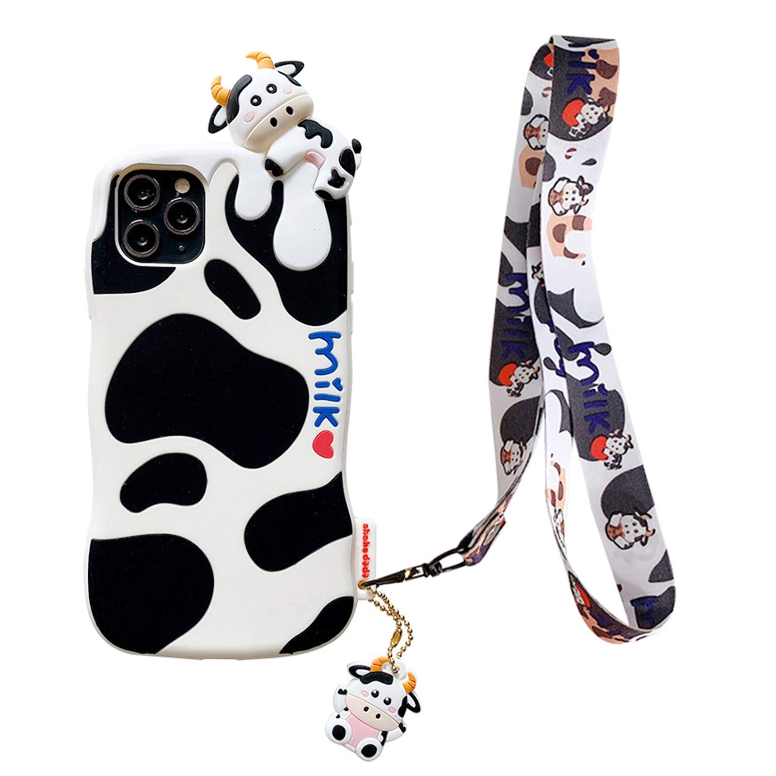 Fun 3D Cartoon Cows Design Silicone Case for iPhone 11 Pro Max - Shockproof Protective Cover with Long Lanyard & Soft Bumper (Cows Milk) | Perfect for Daily Use, Travel & Gift Giving
