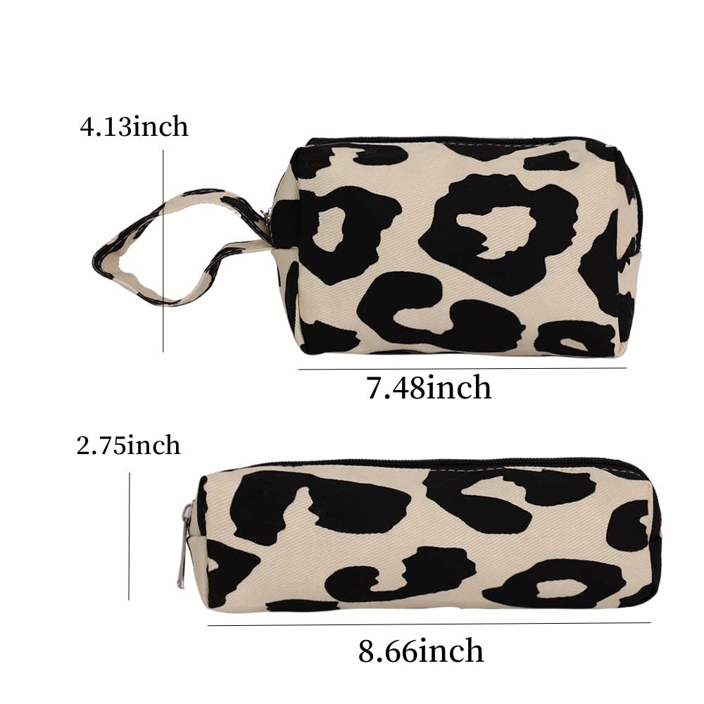 Women's Large Capacity Makeup Bag & Pencil Case Set - Travel Cosmetic Organizer with Brush Storage | Beige Leopard Print | Perfect for Travel, Gym & Daily Beauty Routine