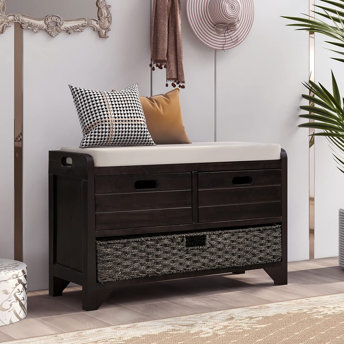 Fuara Entryway Storage Bench with Removable Basket & 2 Drawers - Fully Assembled Shoe Bench with Cushion for Hallway, Living Room, Bedroom - Espresso Brown Wooden Bench for Home Organization & Shoe Storage