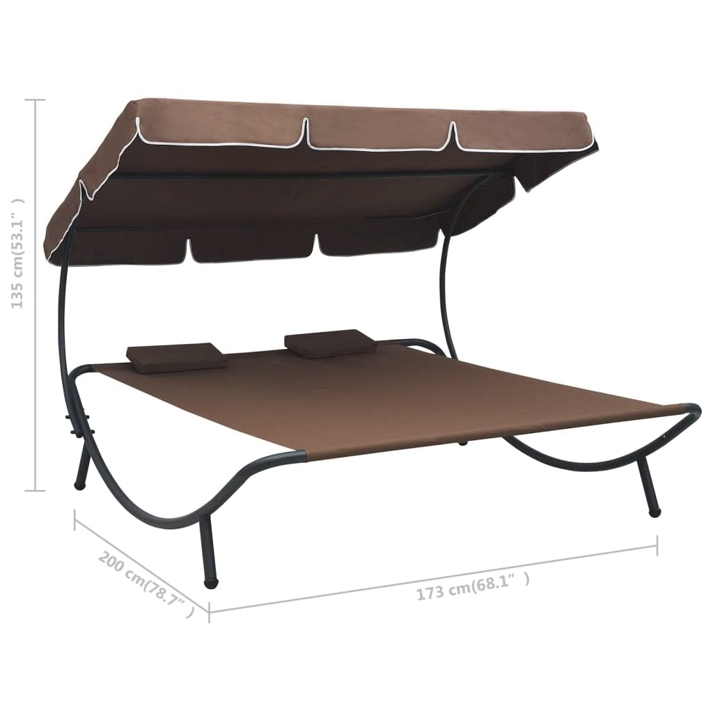 SKM Patio Lounge Bed with Canopy and Pillows - Outdoor Relaxation Furniture for Garden, Poolside, or Backyard - Brown Weather-Resistant Wicker Daybed