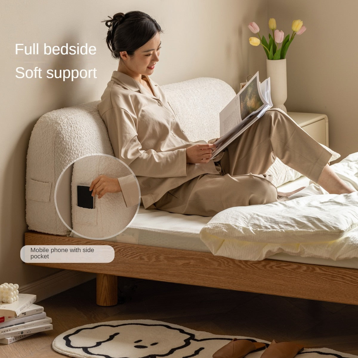Premium Oak Solid Wood Lamb Fleece Soft Suspension Cream Bed - Cozy & Supportive Sleeping Solution for Modern Bedrooms, Guest Rooms & Nursery Decor