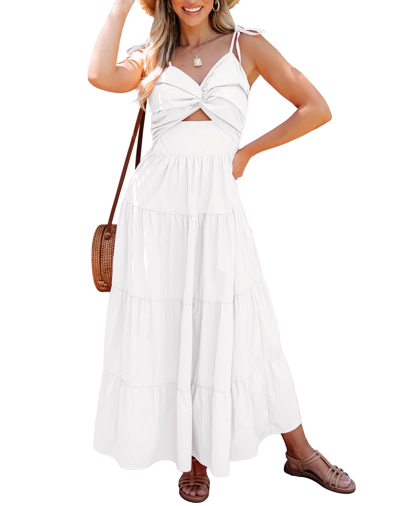 Luvamia Women's Long Flowy Tiered Cut-Out Midi Dress with Self-Tied Spaghetti Straps - Perfect for Summer Vacations, Beach Getaways, and Dinner Dates