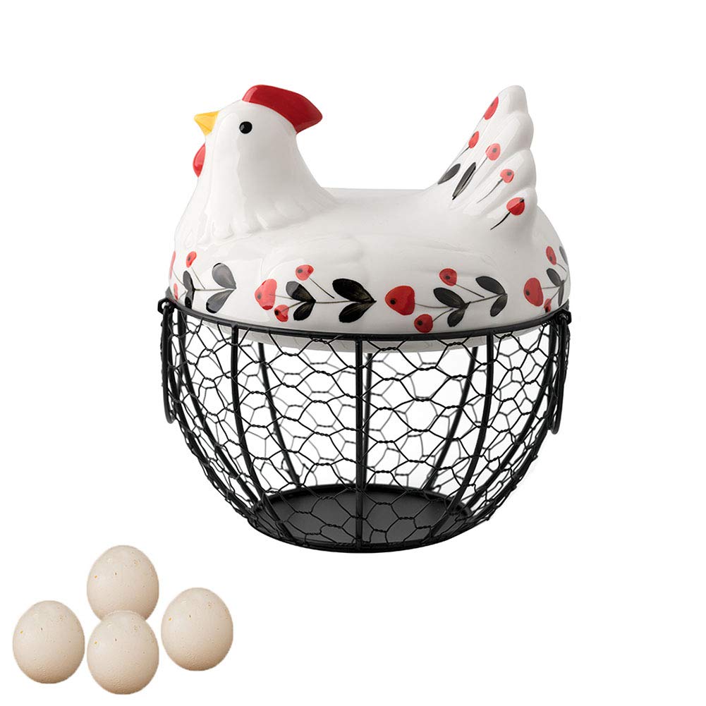Hand-Painted Wrought Iron Egg Storage Basket - Creative Kitchen Organizer for Ginger, Garlic, Potatoes & Fruits - Rustic Ceramic Hollow Container for Farmhouse & Country Style Kitchens