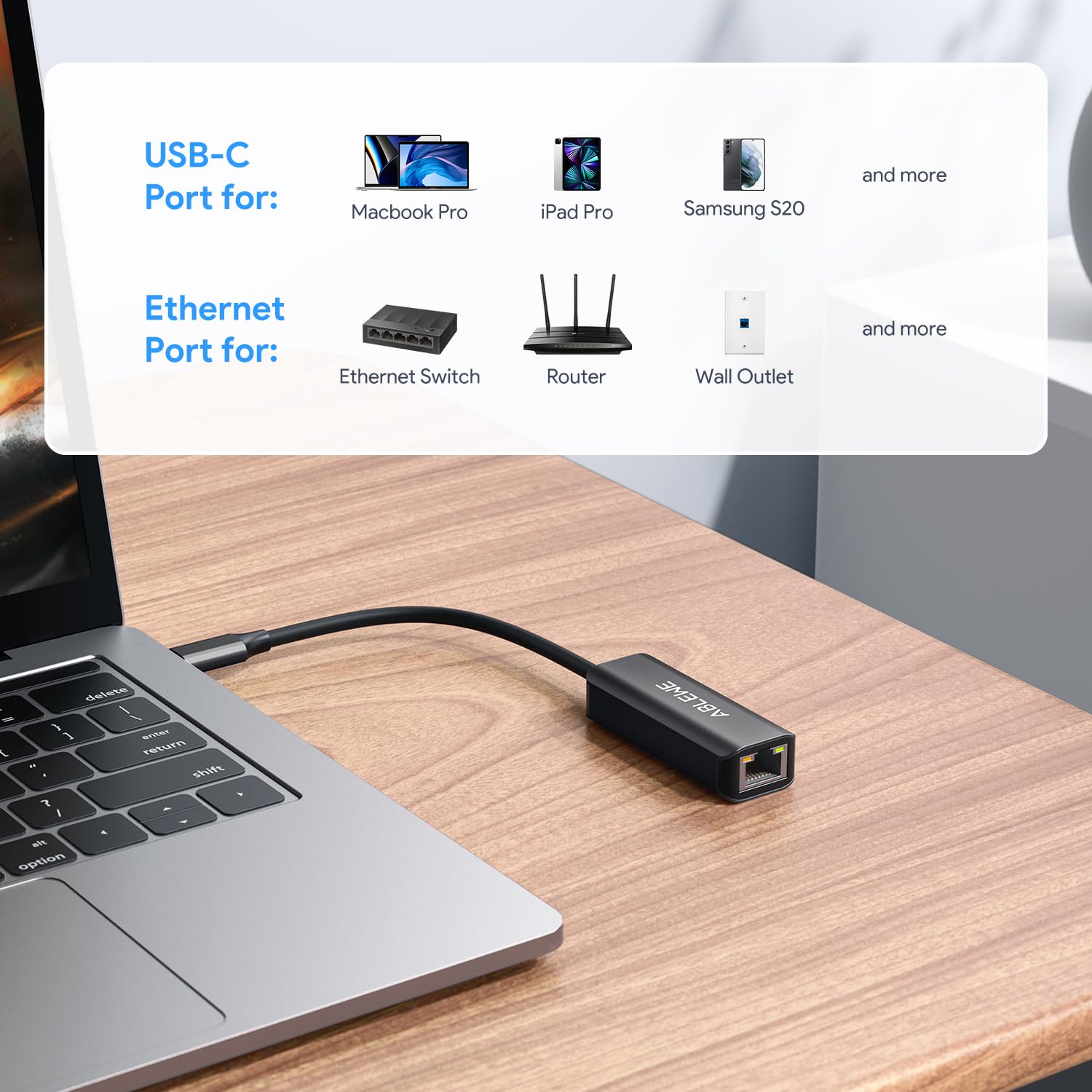 ABLEWE USB C to Ethernet Adapter - Gigabit RJ45 to Type-C Thunderbolt 3 Compatible for MacBook Pro/Air, Dell XPS, iPad Pro - Fast Wired Internet for Home Office, Gaming & Video Conferencing
