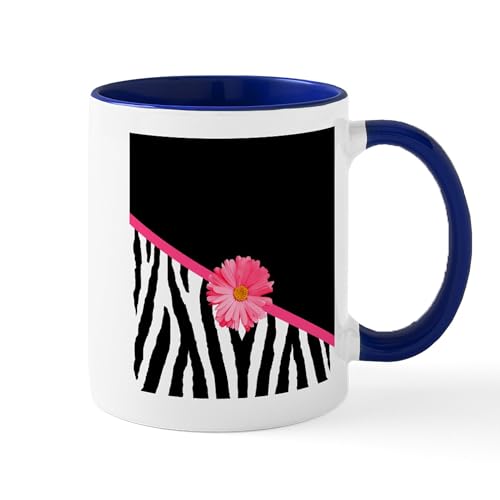 White/Navy Inside - Zebra Pattern Pink Daisy Mug