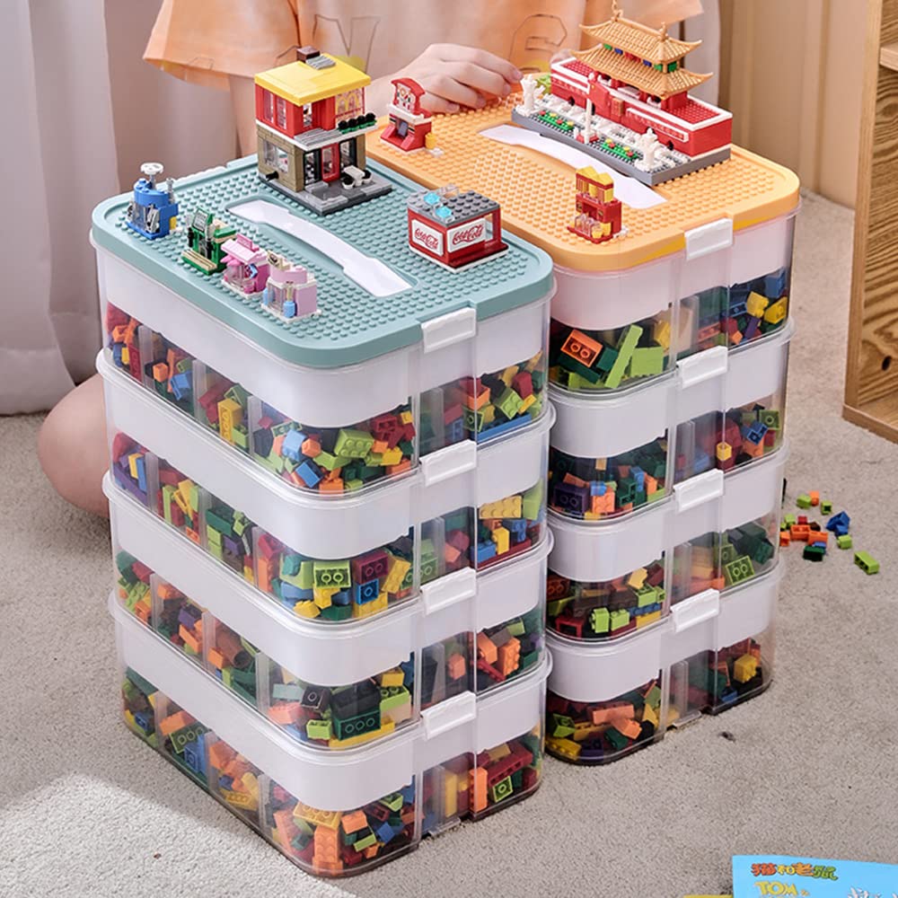 Stackable Plastic Toy Organizer Bins with Compartments - Building Blocks Storage Containers for Lego & Kids Toys - Durable Yellow Toy Chest for Playroom, Classroom & Home Organization