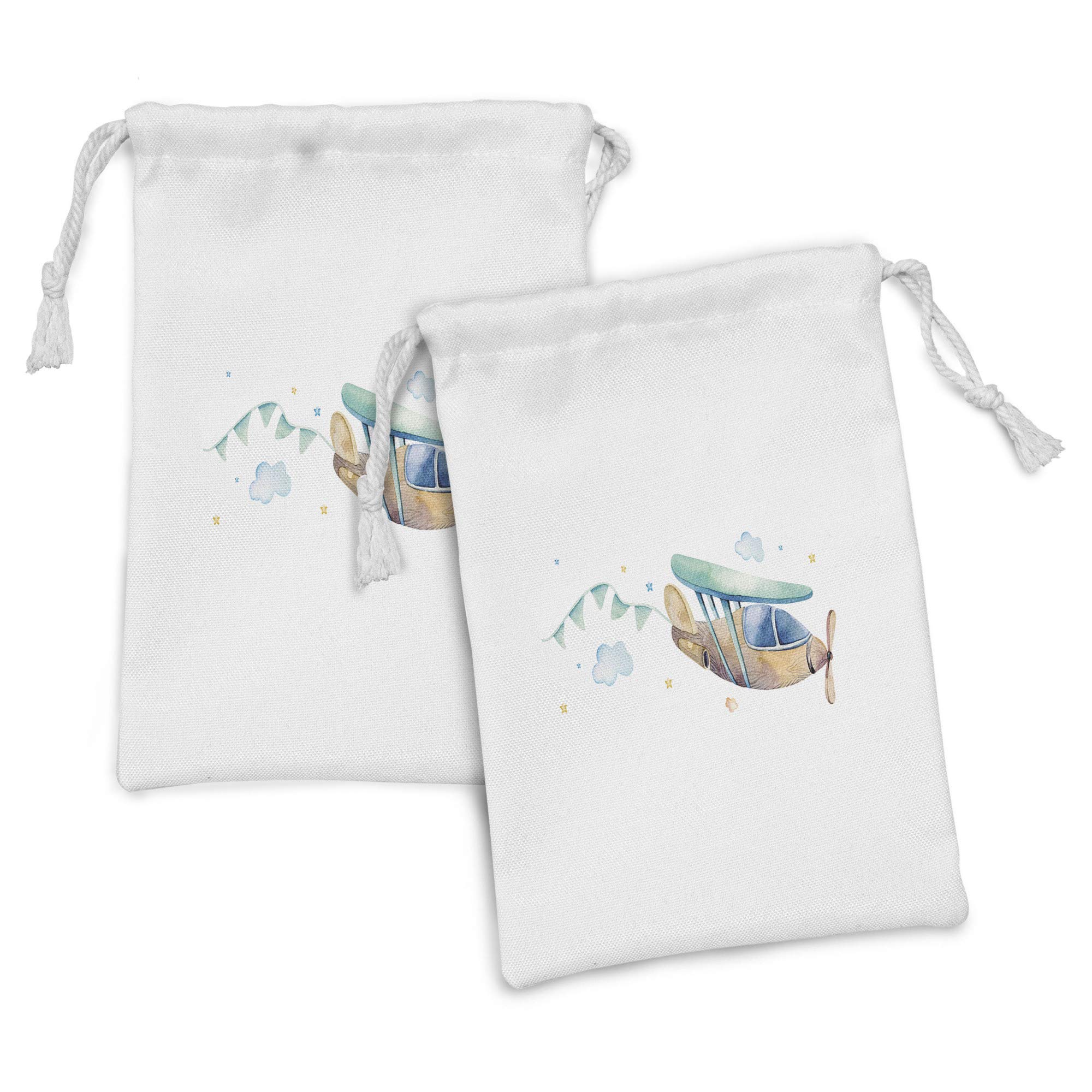 Ambesonne Travel Fabric Pouch Set of 2 - Airplane Clouds & Stars Design - Small Drawstring Bags for Toiletries, Masks & Party Favors (9