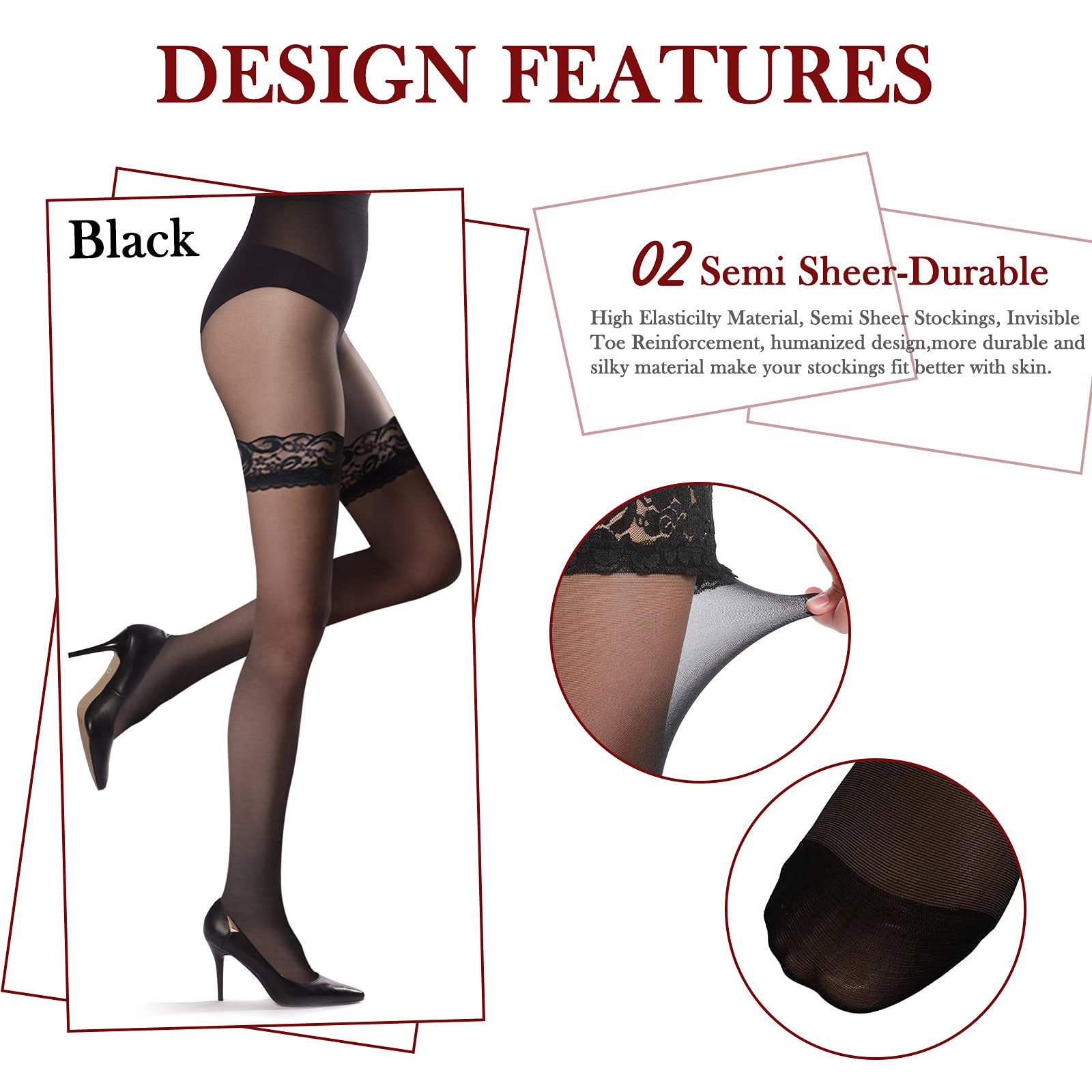 3 Pairs Women's Lace Thigh High Stockings - Anti-Slip Hold Up Semi-Sheer Silk Tights for Women & Teens - Valentine's Day Gift, Date Night, Party Wear, Cosplay Costume Accessories