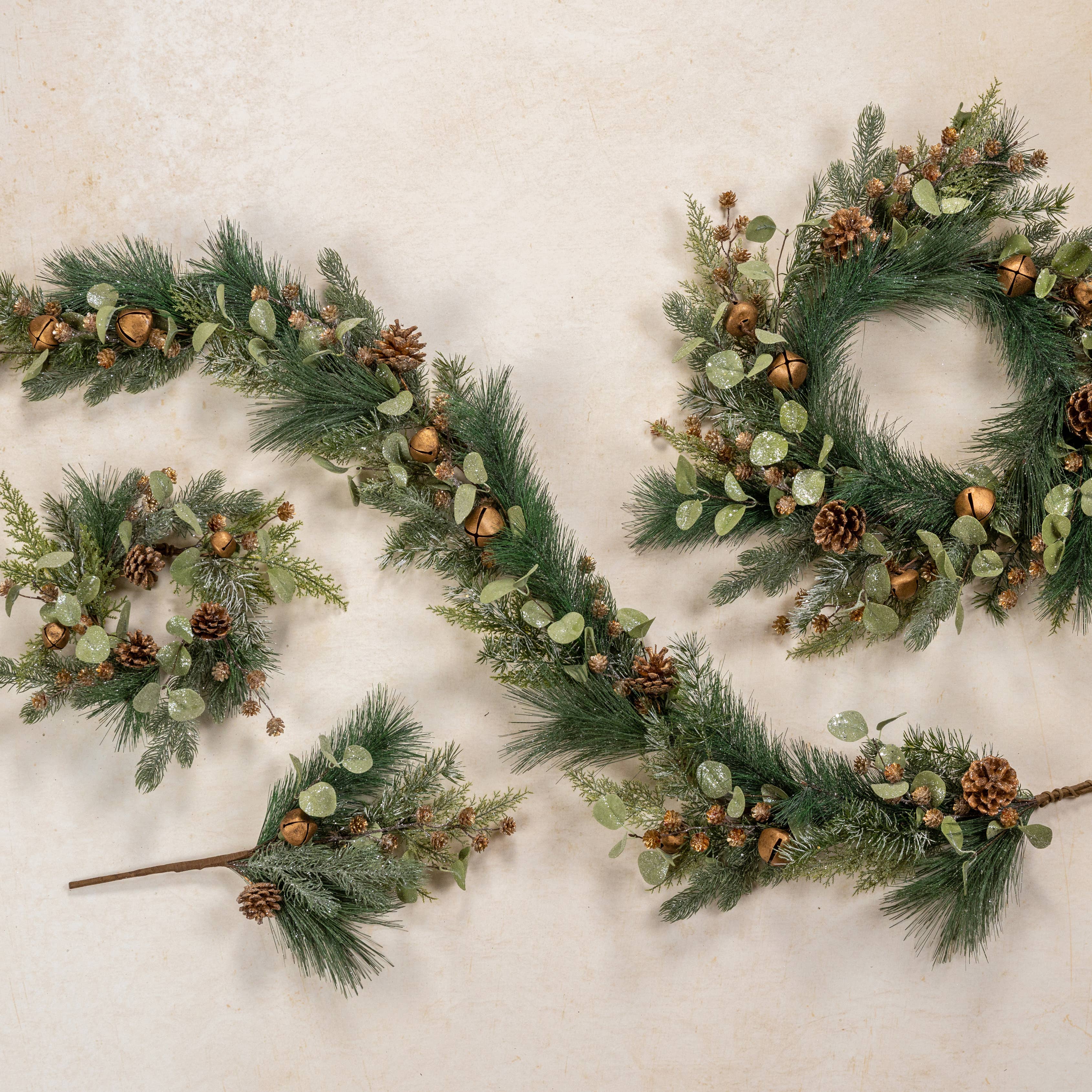 19 Pine, Eucalyptus & Pinecones with Bells Pick - Natural Holiday Wreath Decor for Christmas, Winter Home & Front Door Decoration