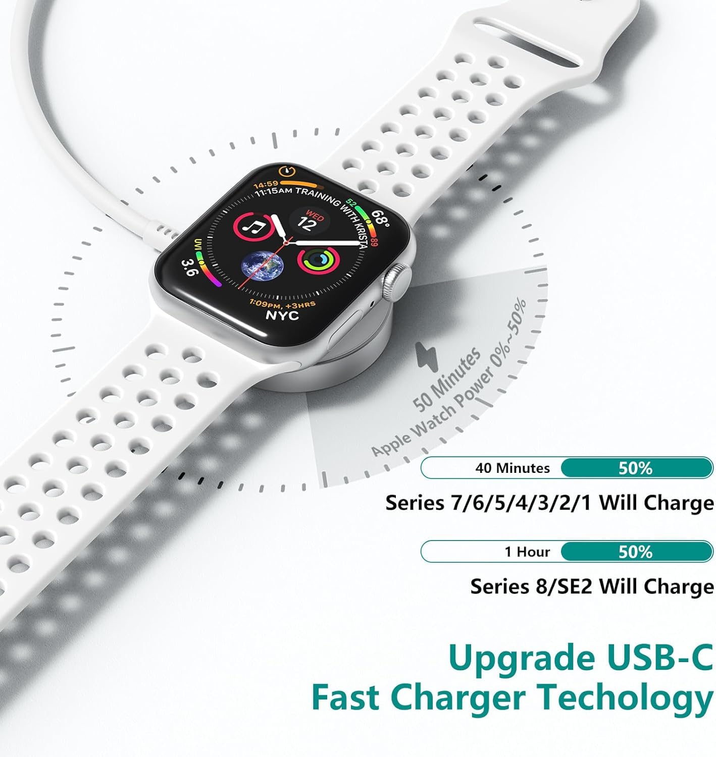 Fast Magnetic Charging Cable for Apple Watch Series Ultra/9/8/7/6/SE/SE2/5/4/3 - 6ft USB-C to iWatch Charger with Power Adapter - Perfect for Travel, Office & Nightstand Charging