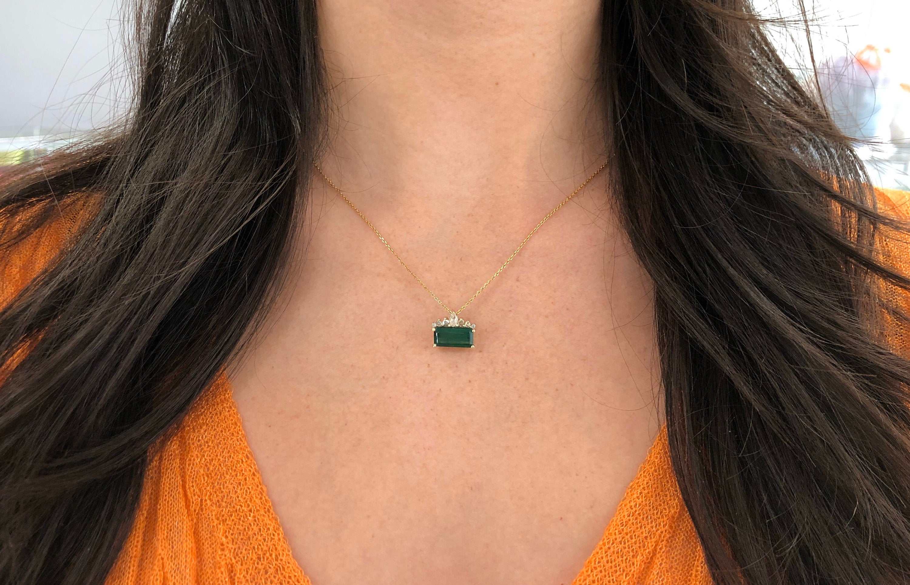 3.45 Carat East-West Dark Green Emerald and Diamond Tiara Necklace in 14K Gold - Elegant Bridal Jewelry for Weddings, Prom & Special Occasions