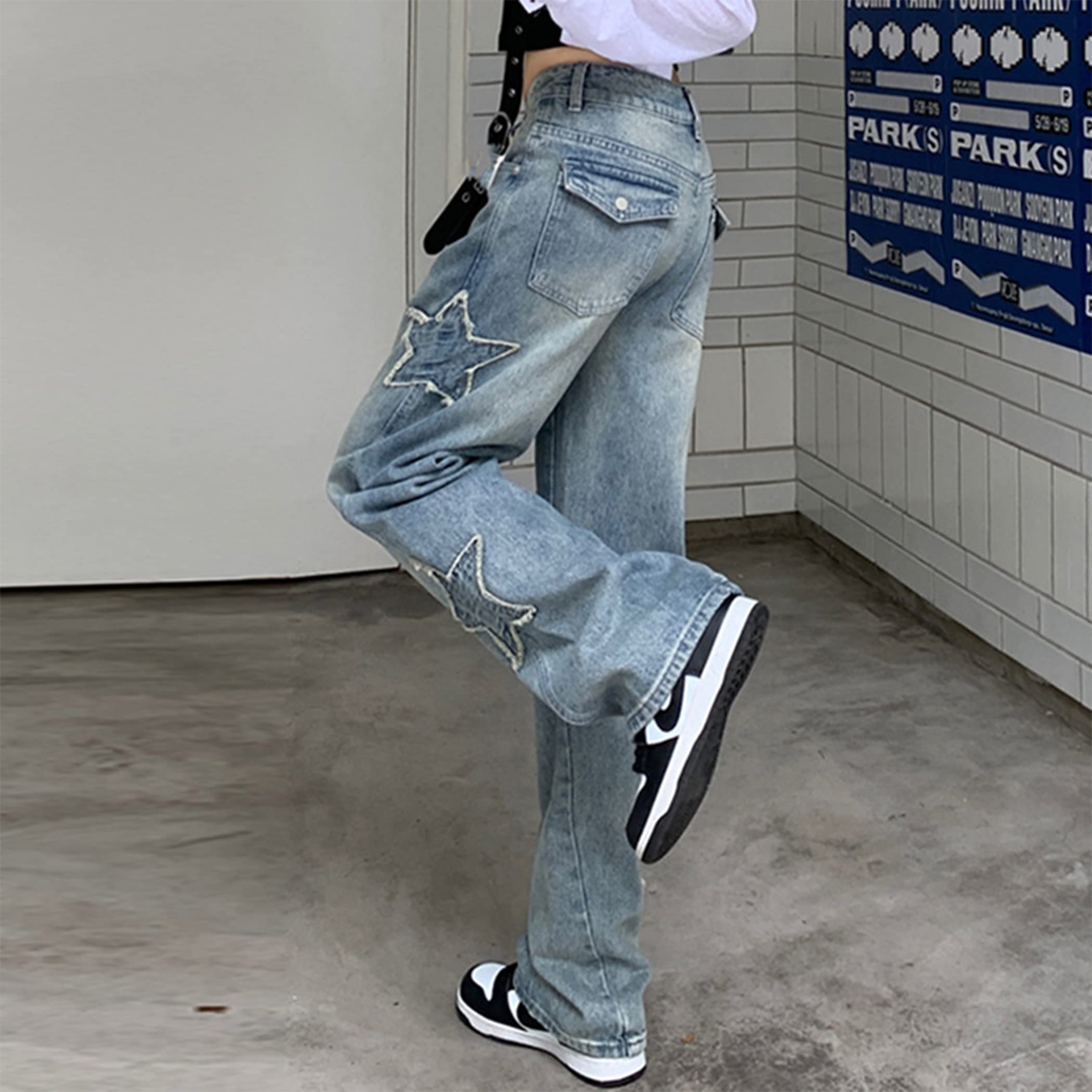 Y2K Emo Star Cargo Jeans for Women - Trendy Distressed Denim Pants with Multiple Pockets | Perfect for Teens, Streetwear Fashion & Casual Outfits