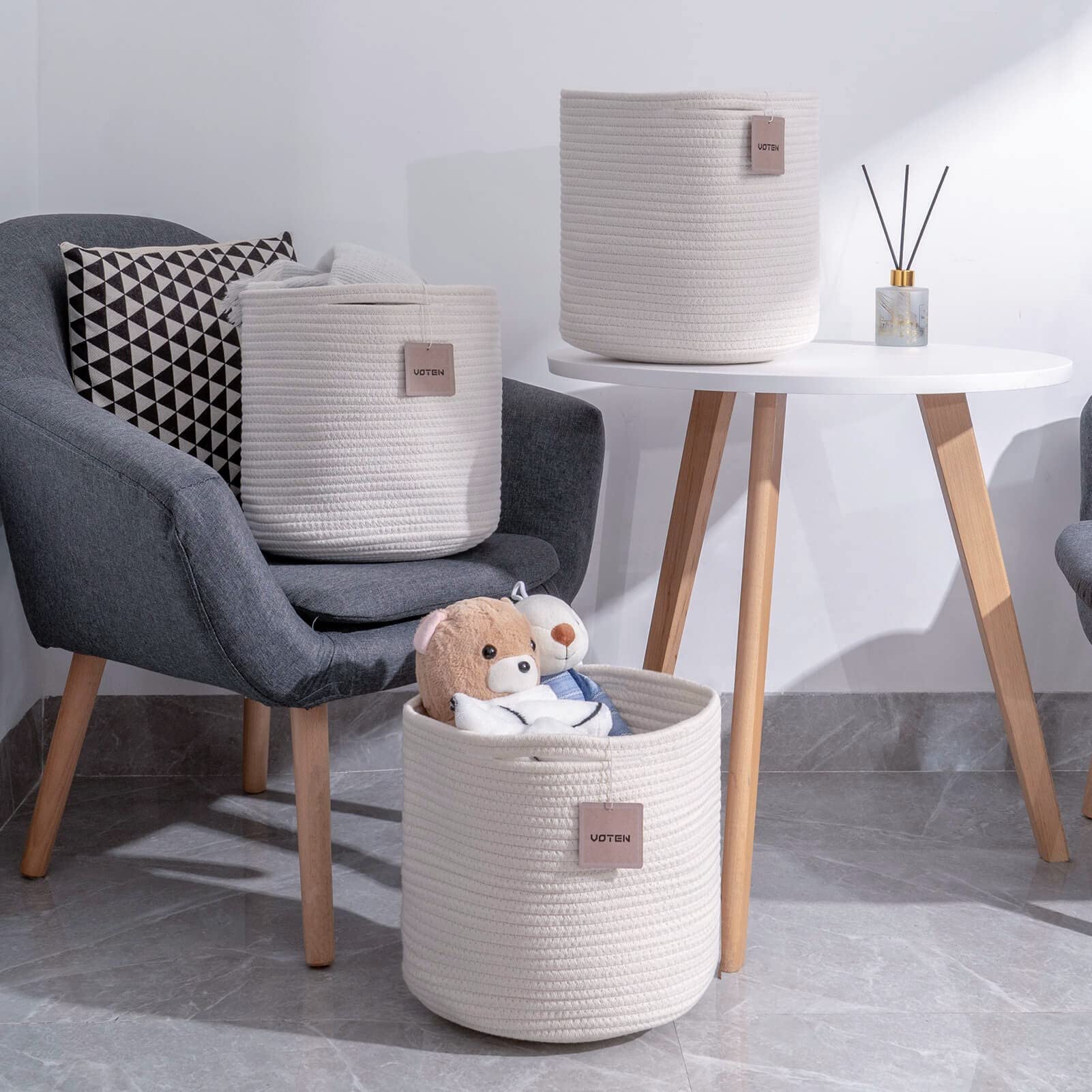Durable Woven Cotton Storage Bins Organizer - 11x11x11 Inches, Fits 12x12 Cube Shelves | 3-Pack Round Baskets in Off White | Perfect for Home, Office & Kids Room Organization