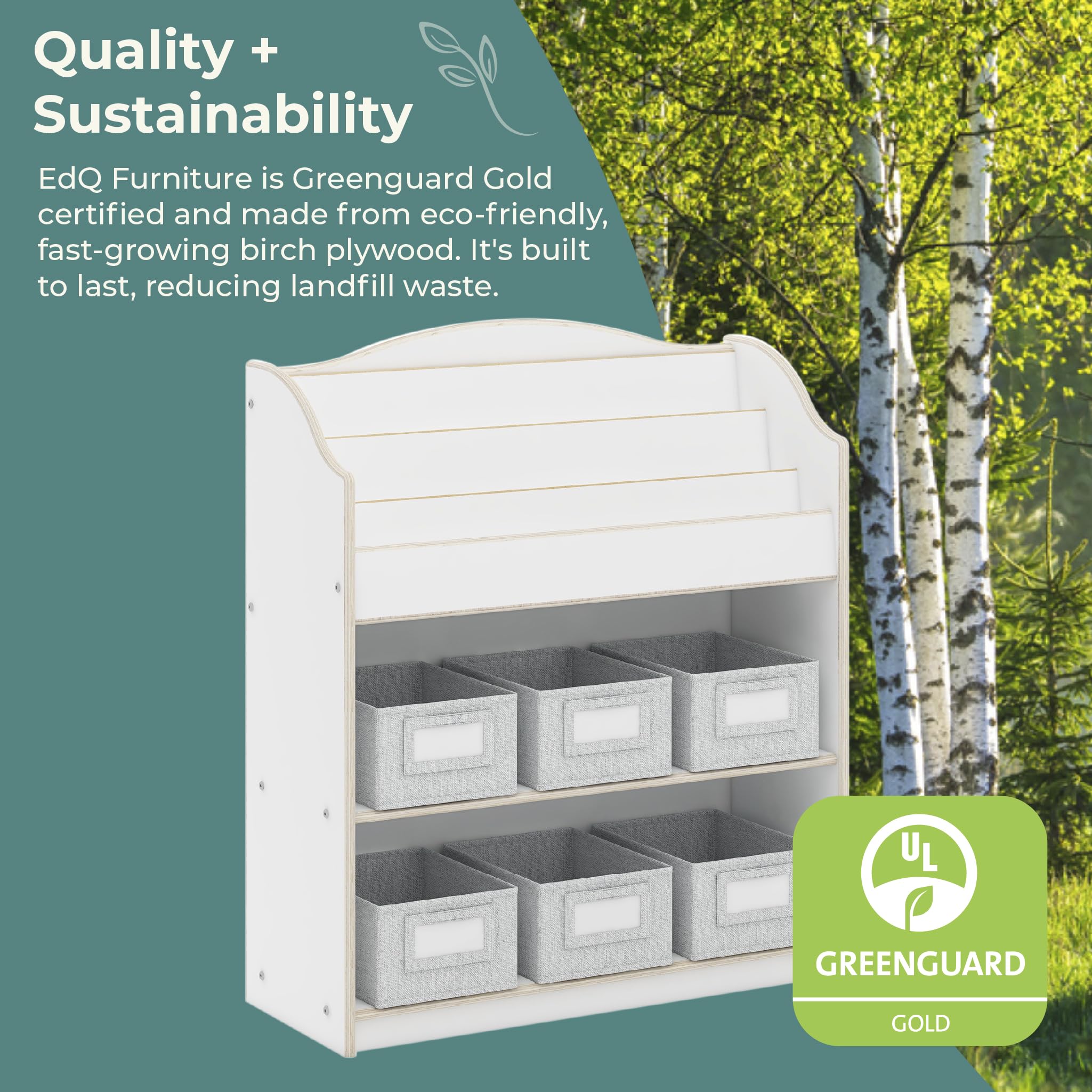 Guidecraft EdQ Book and Bin Browser White - 6 Fabric Storage Bins, Kids Book Rack & Toy Organizer - Classroom & Homeschool Bookcase for Reading Nook, Playroom & Kids' Bedroom Organization