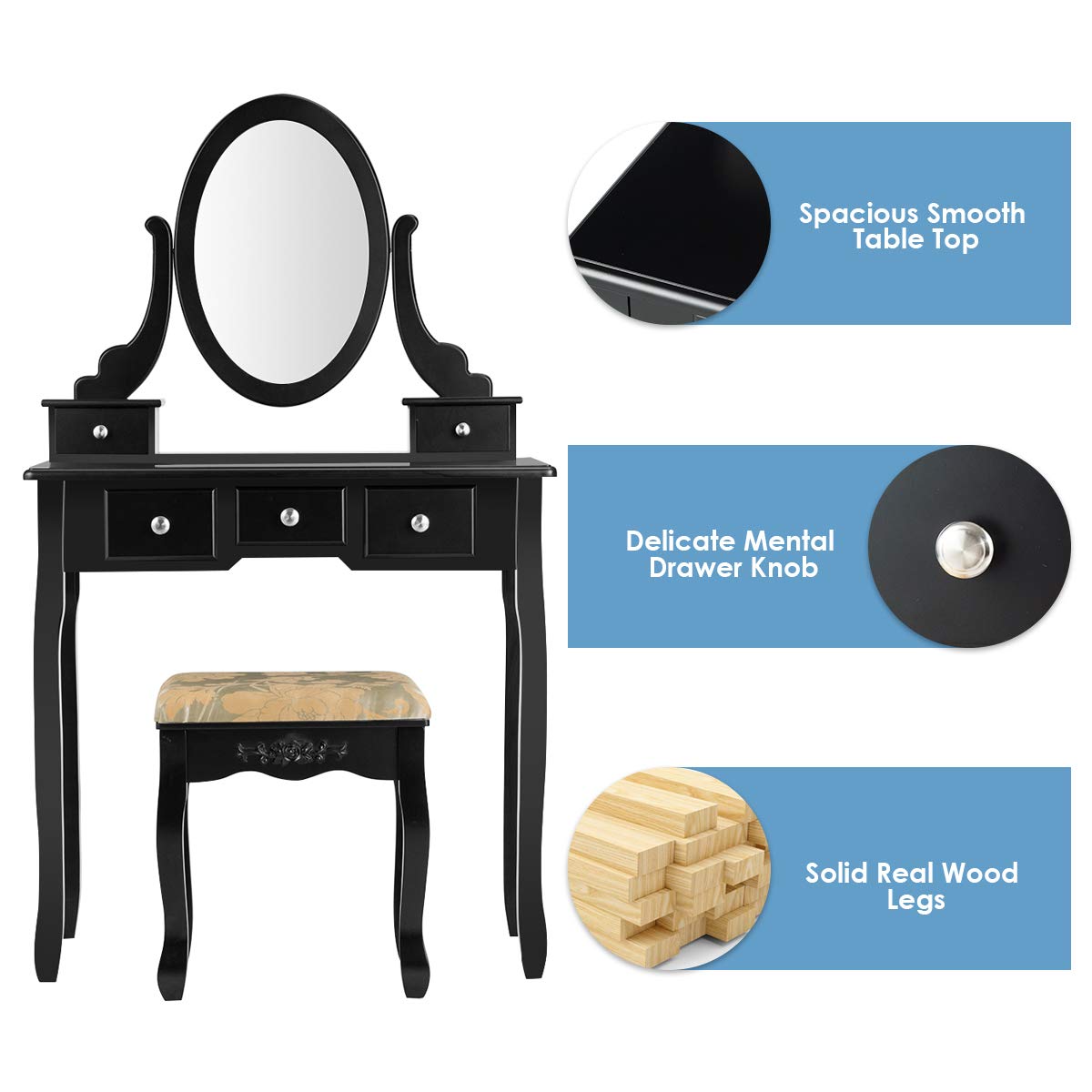 CHARMAID Vanity Table Set with Rotatable Oval Mirror & 5 Drawers - Makeup Dressing Table with Cushioned Stool for Women & Girls, Bedroom Furniture (Black) | Perfect for Small Spaces, Cosmetics Organization & Glam Room Decor