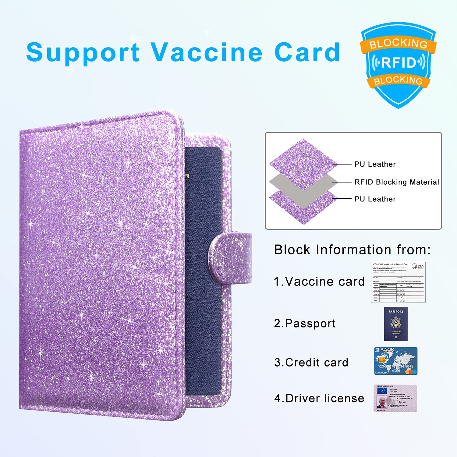 ACdream RFID Blocking Passport Holder & Vaccine Card Protector - Glitter Purple Faux Leather Wallet for Travel, ID & Credit Cards - Secure & Stylish Travel Accessory for Men & Women