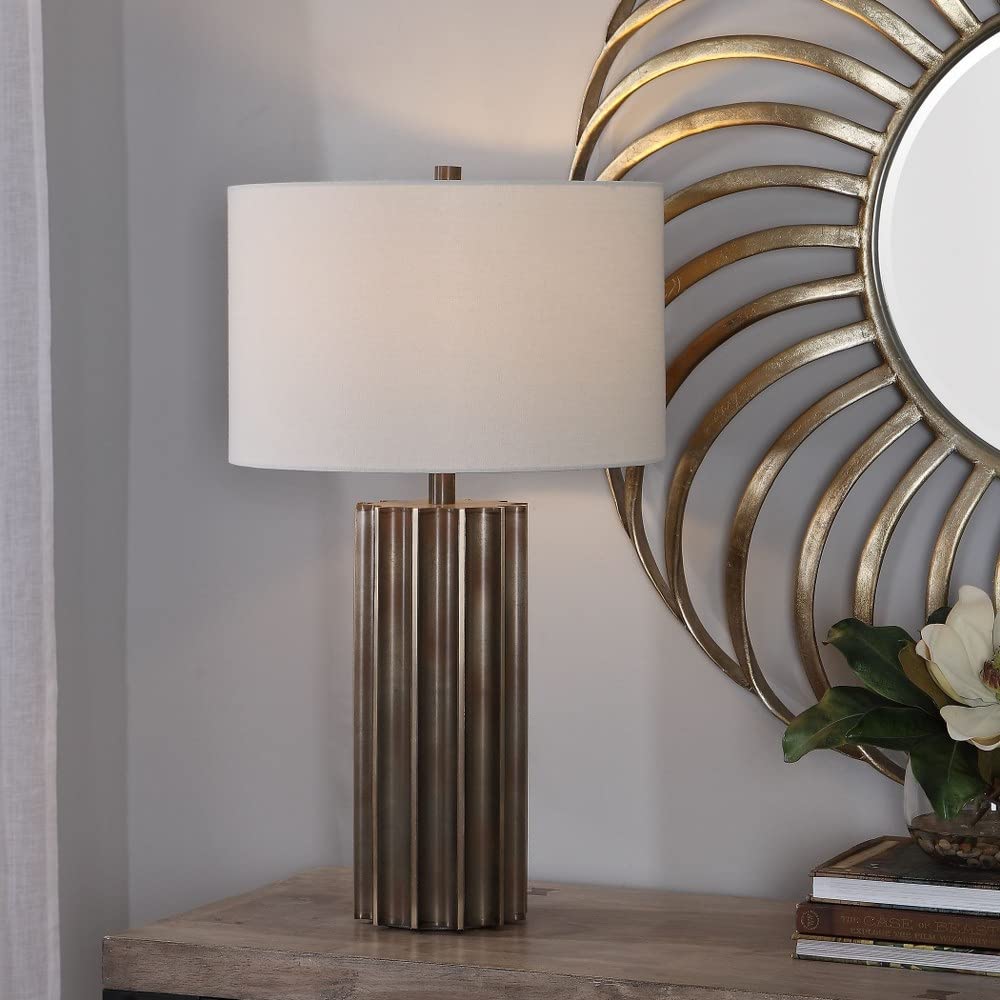 Fluted 1-Light Khalio Gun Metal Table Lamp with White Linen Drum Shade & 3-Way Switch - Modern Bedside Lamp for Living Room, Bedroom, or Office Decor