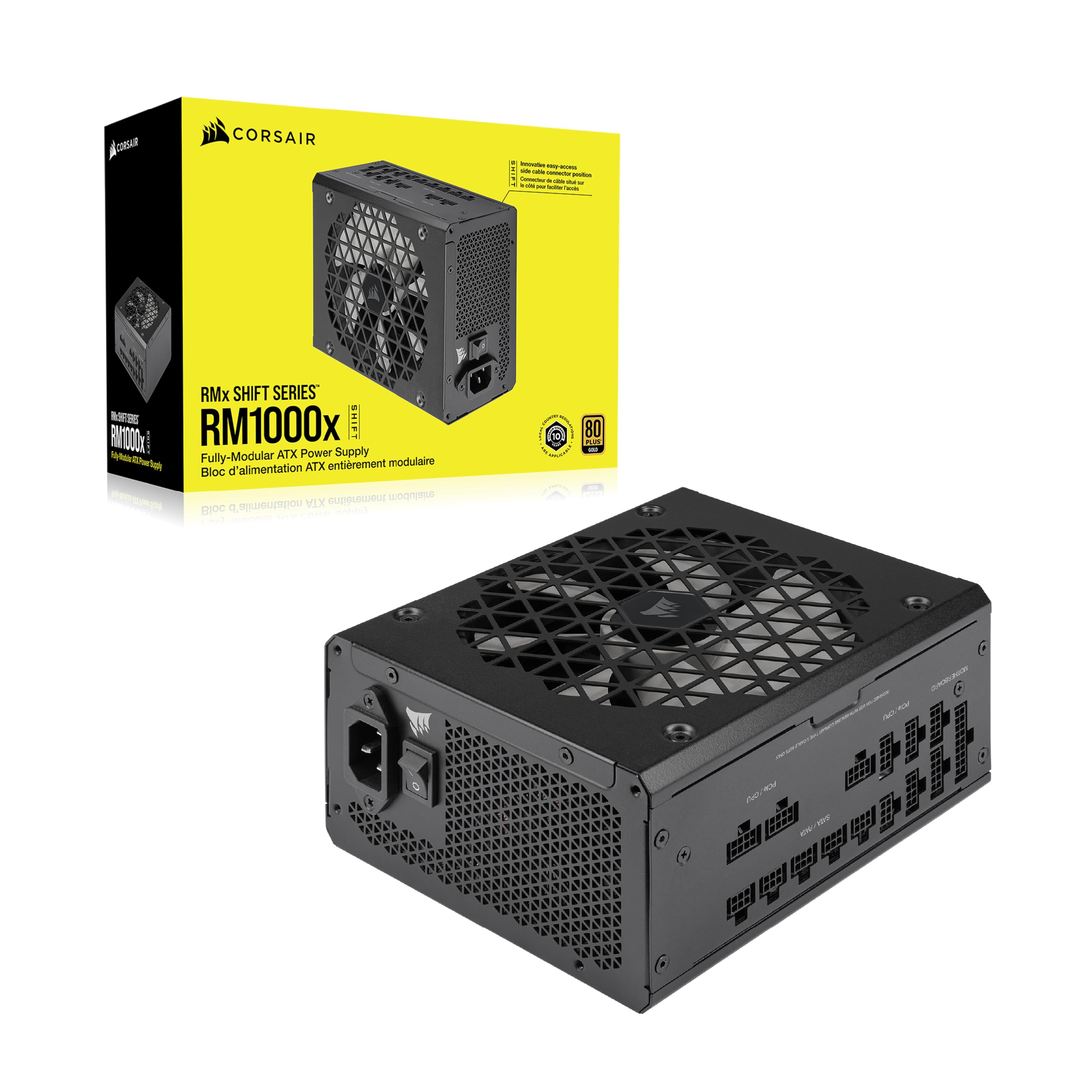 Corsair RM1000x SHIFT Fully Modular ATX Power Supply 80+ Gold Certified - ATX 3.0 & PCIe 5.0 Compatible - Zero RPM Fan Mode - Side Interface Modular Design - Black - Perfect for Gaming PCs, Workstations, and High-Performance Builds