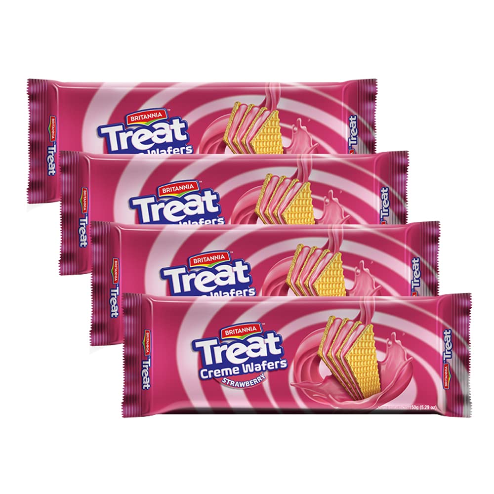 BRITANNIA Strawberry Wafer Cookies 5.29oz (150g) - Crunchy Healthy Snacks for Breakfast, Tea Time & Office - Delicious Biscuit Treats (Pack of 4) - Perfect for Kids Lunchboxes, Coffee Breaks & Party Snacks