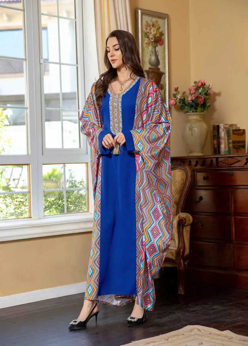Elegant Eid Dress with Batwing Sleeves & Rhinestone Embellishments - Farasha Caftan Kaftan Jalabiya Dress for Women | Perfect for Eid Celebrations, Weddings & Special Occasions