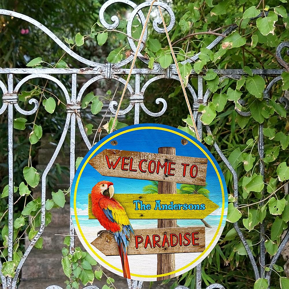 Custom Wooden Beach Welcome Sign - Personalized 'Welcome to Paradise' Home Decor, Funny Gift for Beach House, Tropical Themed Wall Art with Parrot Design - Perfect for Coastal Living Rooms, Porches & Vacation Rentals