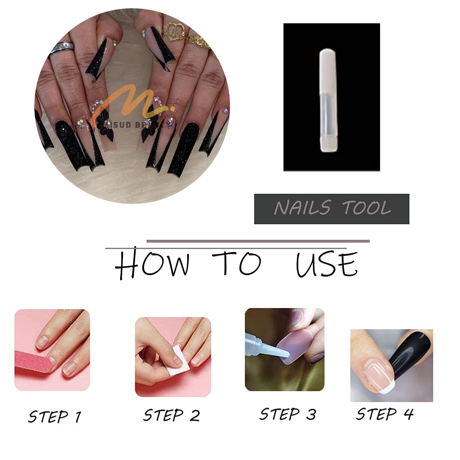 MISUD Long Square Press On Nails - Glossy Black Glitter French Tip with Acrylic Flower Rhinestone Design, 24pcs False Nails for Women, Perfect for Parties, Weddings & Special Occasions
