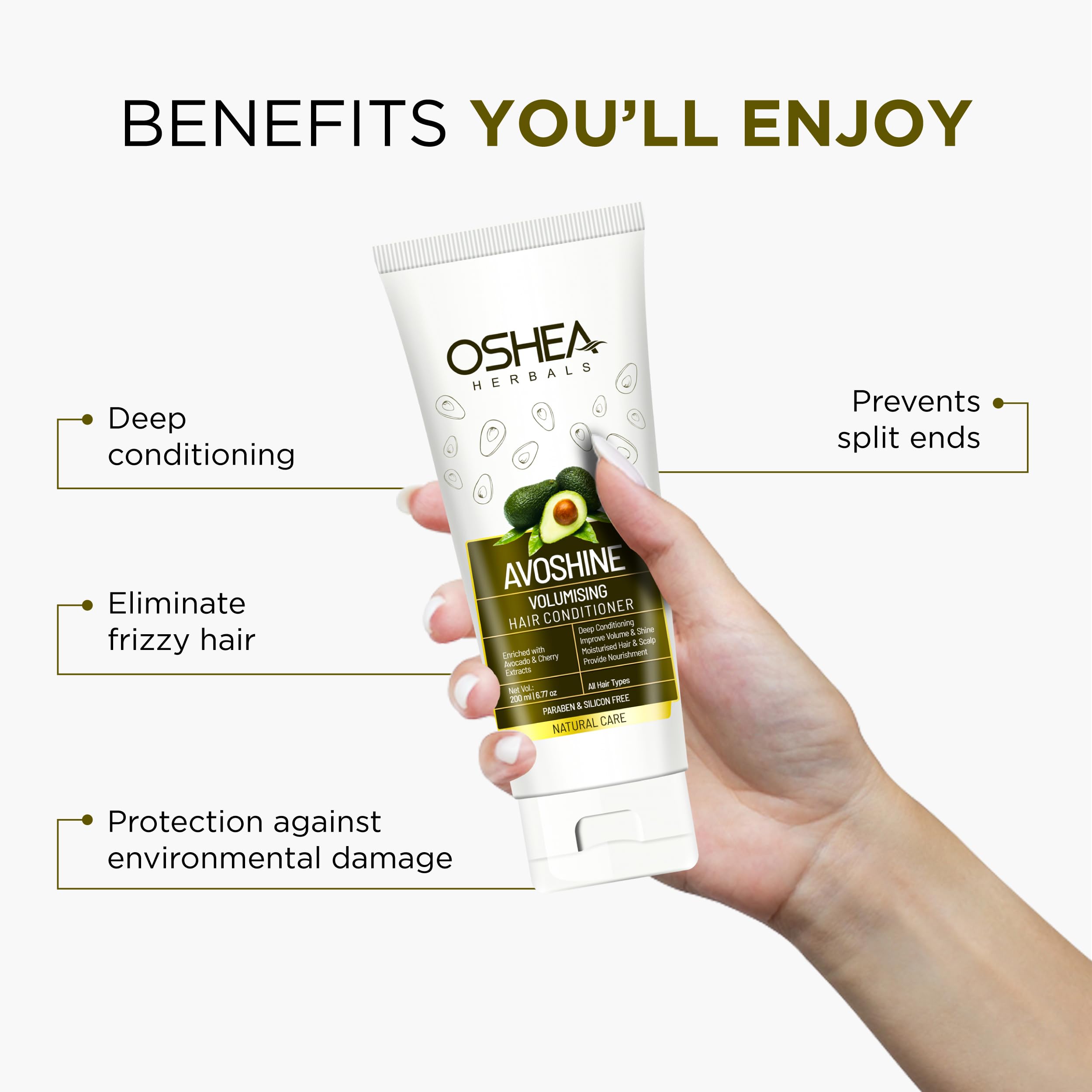 Oshea Herbals Avoshine Volumizing Hair Conditioner for Men & Women - Deep Conditioning Treatment with Avocado & Cherry Extract for Smooth, Shiny & Frizz-Free Hair | Paraben & Silicone Free | 200ml | Perfect for Daily Hair Care & Salon-Like Results at Home