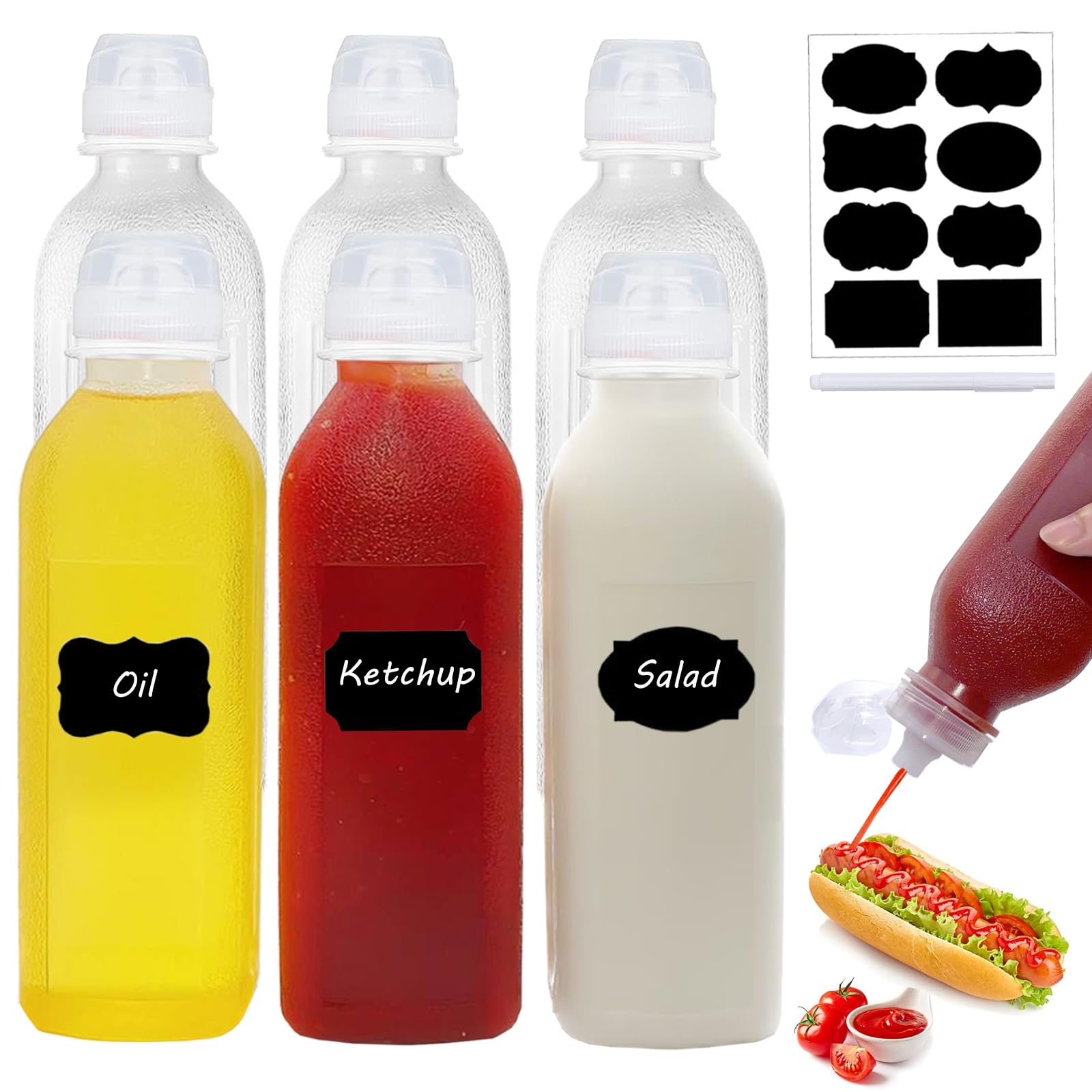 WAYDA 6-Pack 17oz Sauce Squeeze Bottles for BBQ, Ketchup & Oil - Kitchen & Restaurant Use