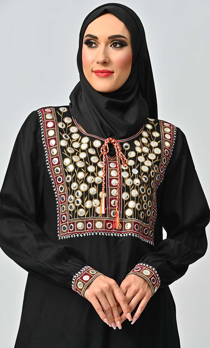 Munira Islamic Mirror Work Embroidered Abaya - Elegant Muslim Prayer Dress for Women | Perfect for Eid, Mosque & Special Occasions