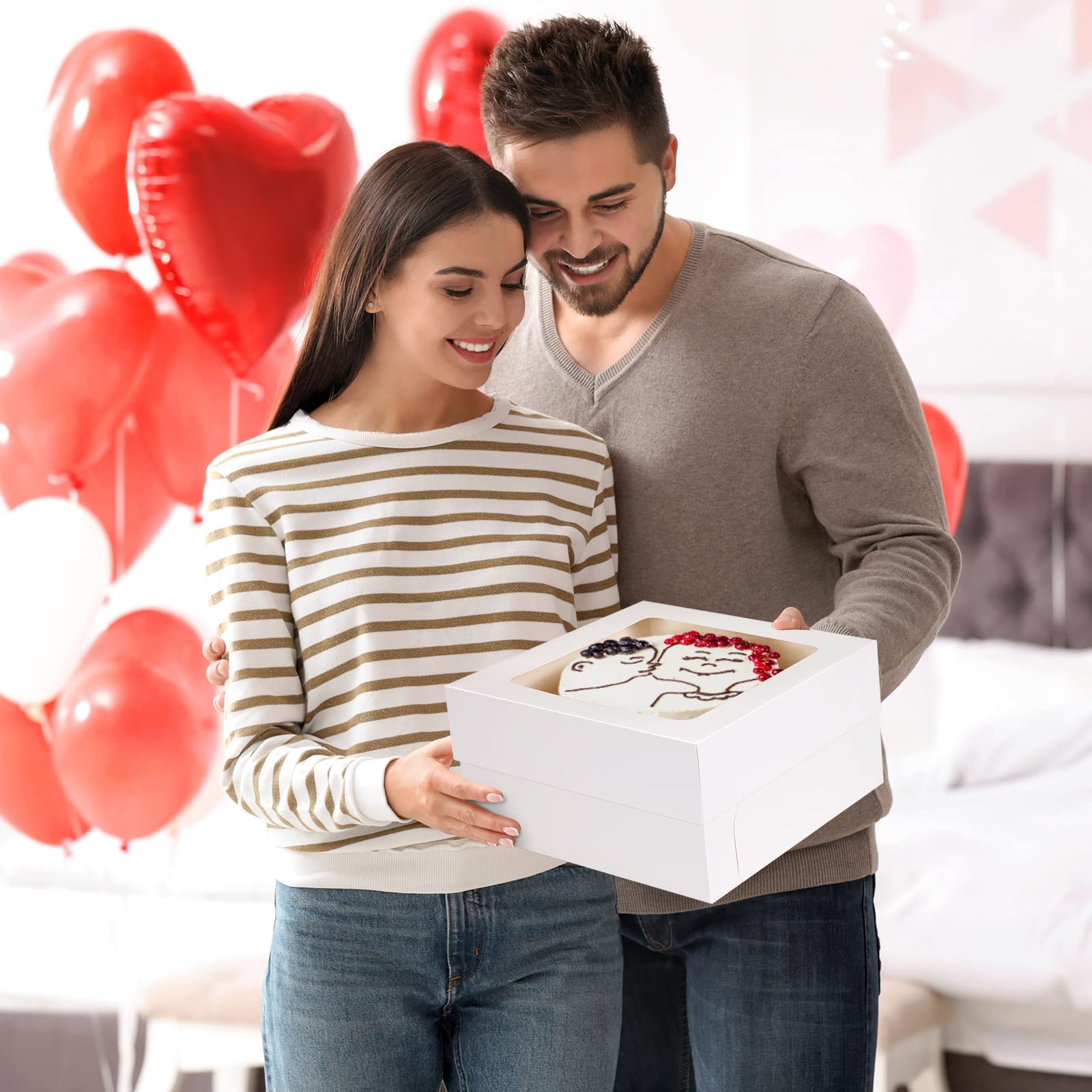 Moretoes 30-Pack 12x12x6 Inch Square Bakery Boxes with Clear Window - Perfect for Valentine's Day, Mother's Day, Birthday Party, Wedding, Easter - Great for Pastries, Chocolates, Cookies, Pies & Cakes - Durable Cake Packaging Boxes for Gifting & Dessert Display