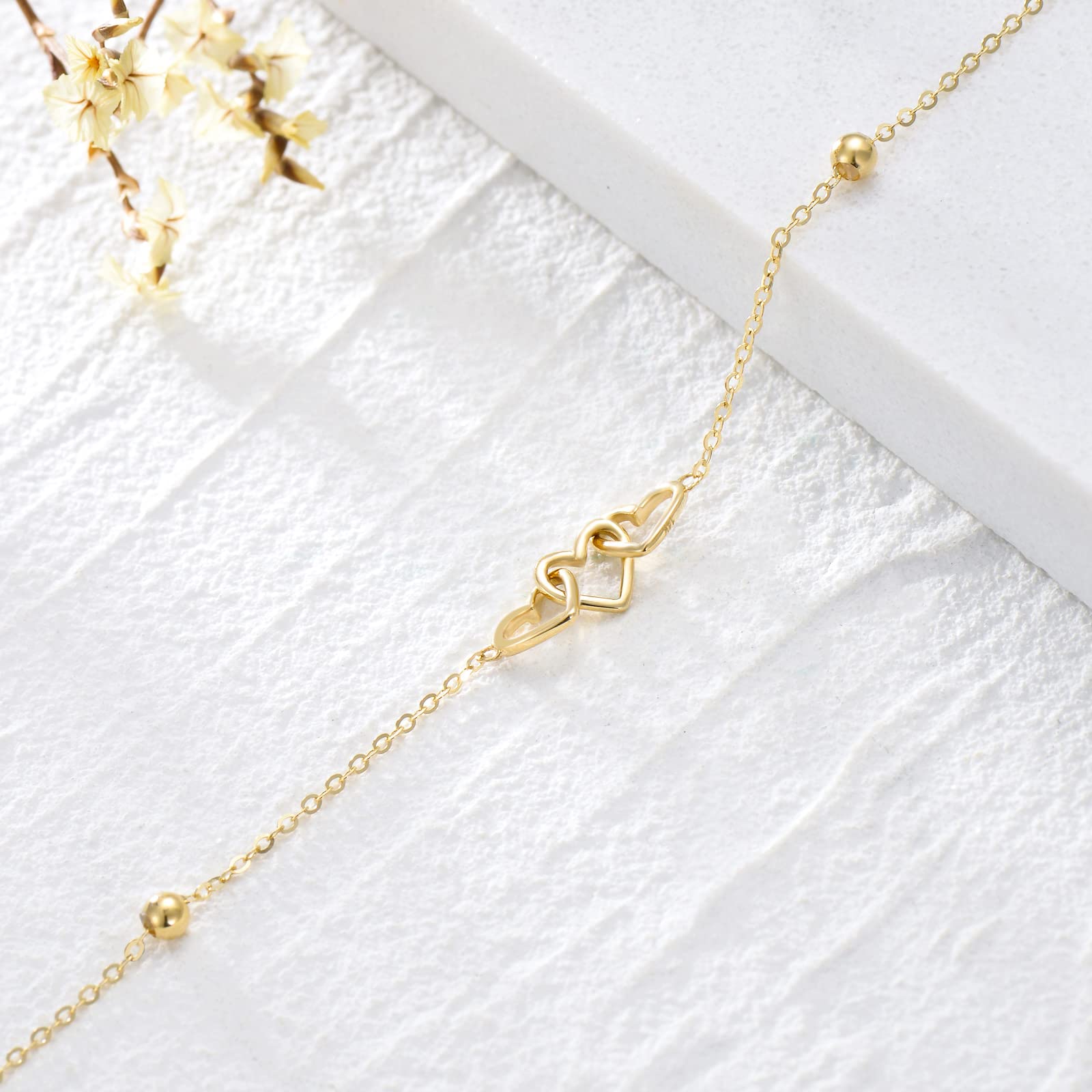 14K Real Gold Heart Beaded Bracelet for Women - Yellow Gold Love Jewelry with Three Hearts, Adjustable 6.5+2 Inch, Perfect Gift for Birthday, Christmas, Anniversary - Ideal for Date Night, Wedding, Special Occasions