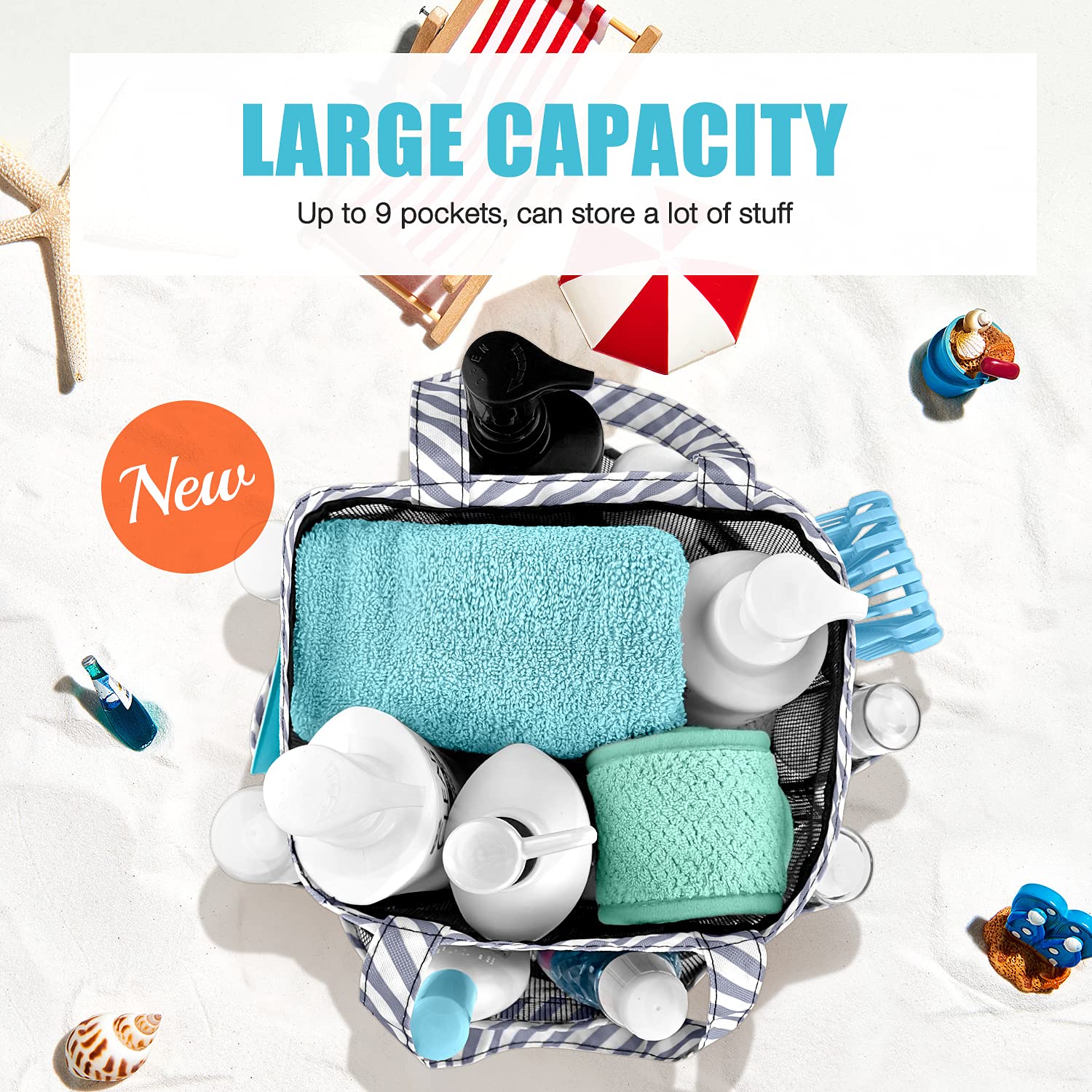 Ndeno 8-Pocket Mesh Shower Caddy - Portable Hanging Toiletry Bag for Men & Women - Quick Dry Bath Organizer - Perfect for Dorm, Beach, Camping & Travel Accessories (Gray Strips) - Ideal for College Students, Gym Goers & Frequent Travelers