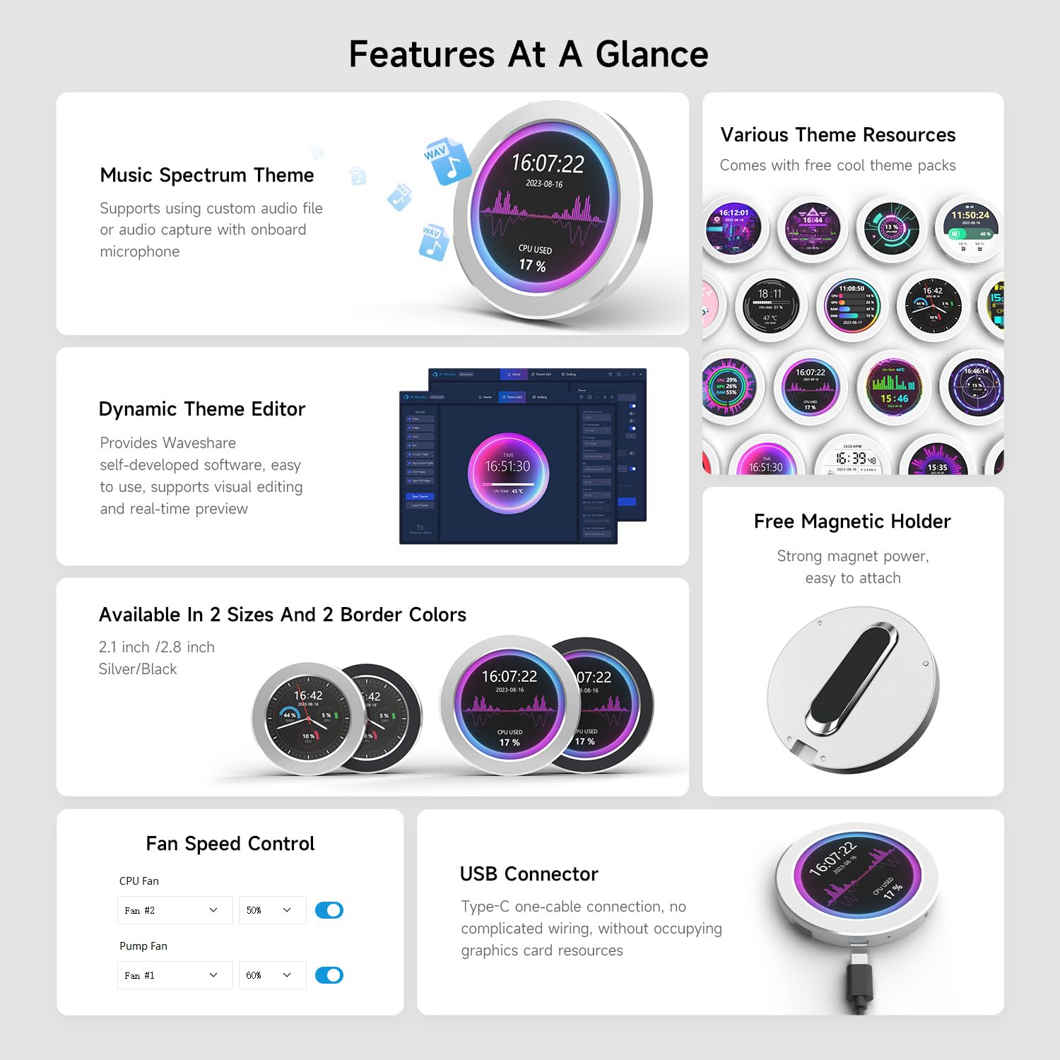 2.1inch Round LCD CPU/GPU Temperature Monitor - Waveshare AIO Water Cooling System Display with Sensor Panel for Gaming PC Builds | Perfect for Custom PC Mods, Overclocking & Performance Tracking (Black)