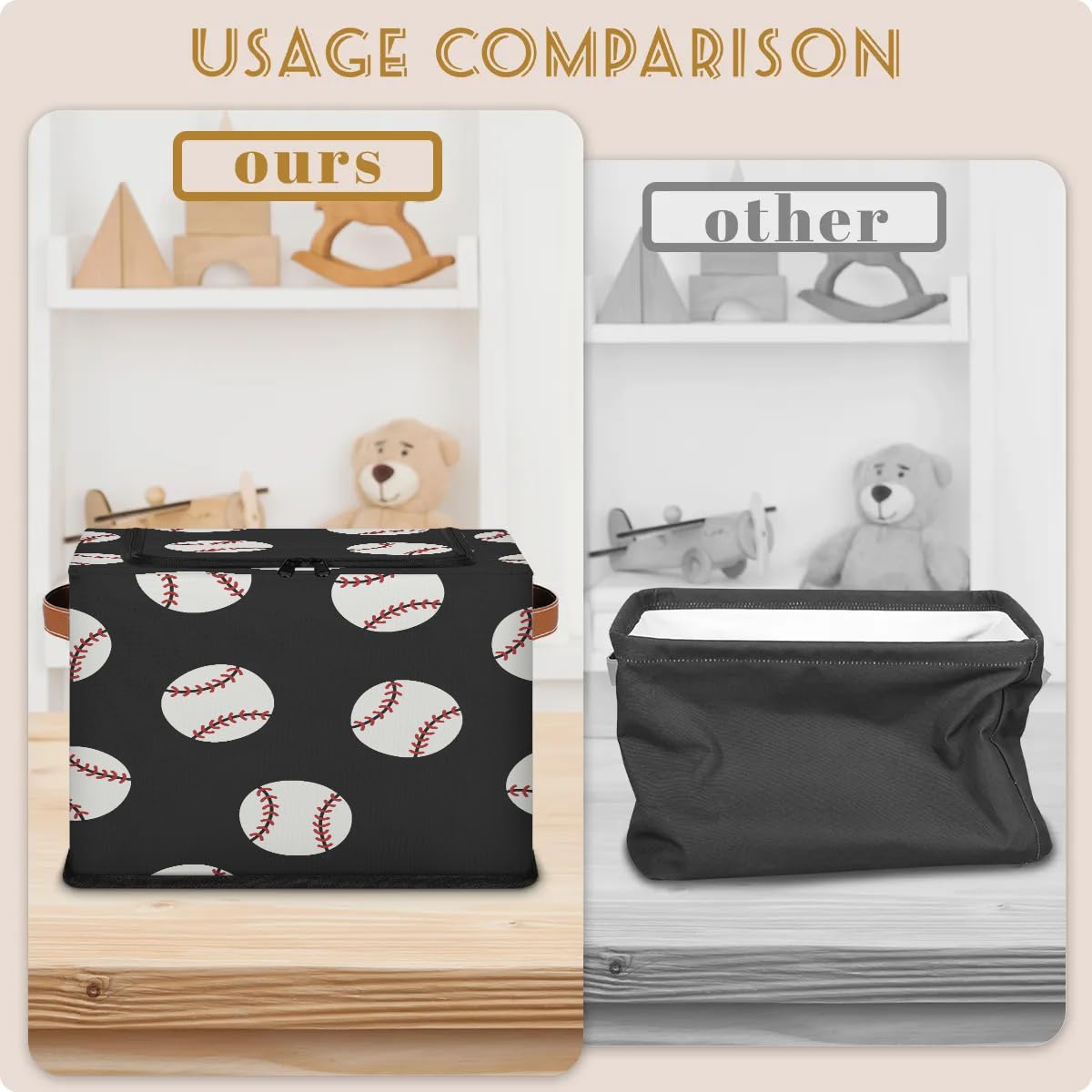 Baseball Print Storage Bins with Zipper Lid - Foldable Fabric Storage Baskets for Clothes, Blankets & Toys - Collapsible Storage Box with Handles (2 Pack) - Perfect for Closet, Nursery & Playroom Organization