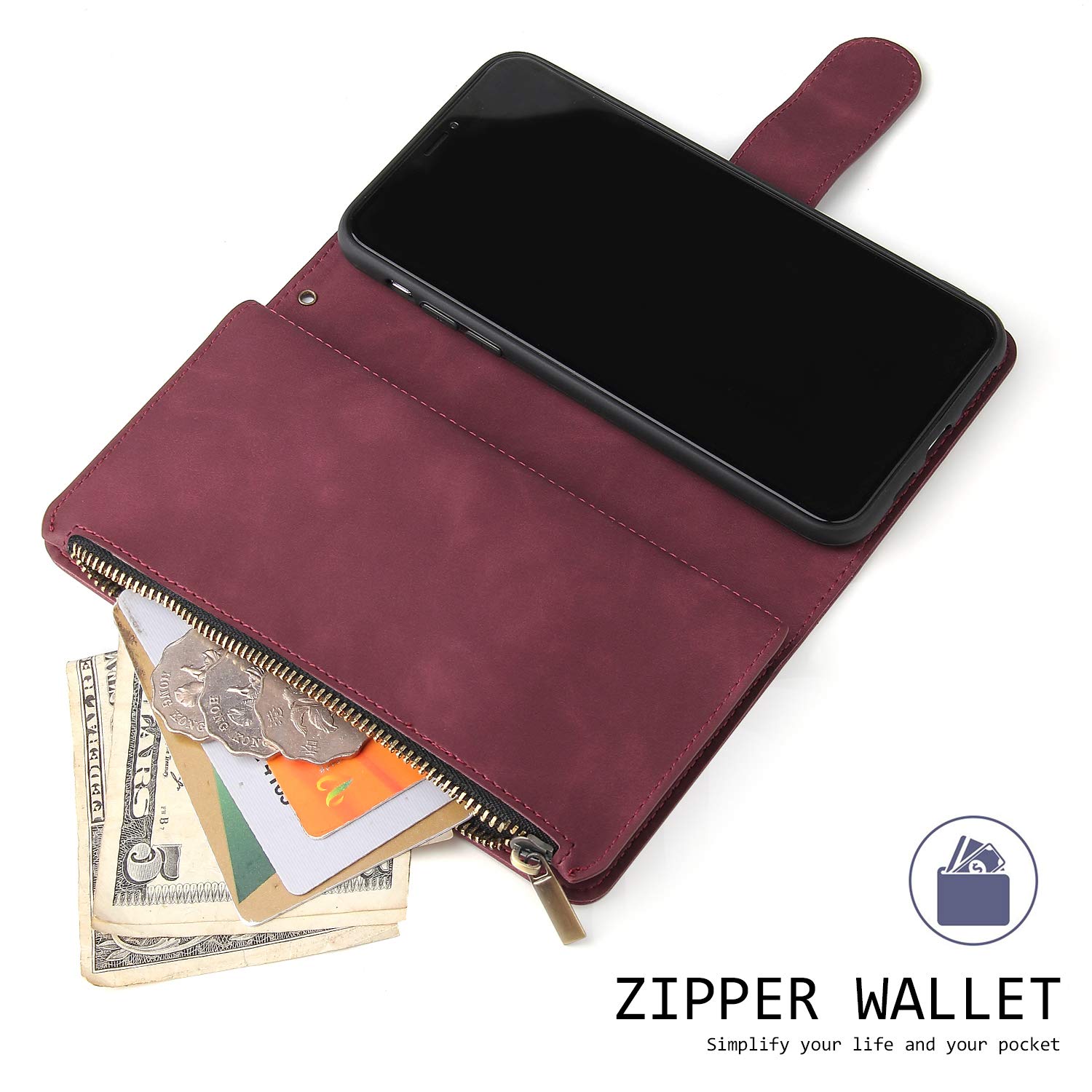 Premium PU Leather Magnetic Wallet Case for iPhone SE 2022/SE3/SE2/SE 2020/7/8 - Handbag Style with Zipper Pocket, Card Slots & Wrist Strap | Wine Red | Perfect for Daily Use, Travel & Shopping