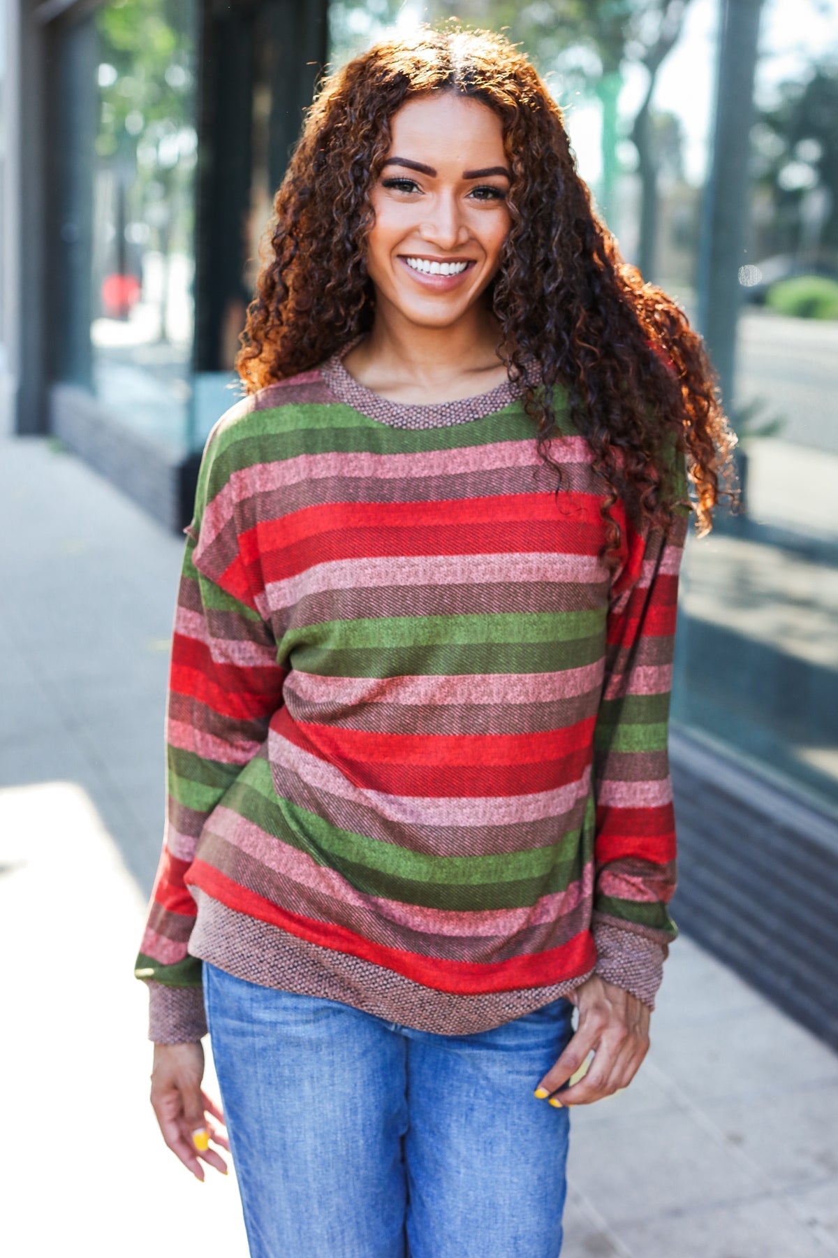 Stylish Olive & Mauve Striped Two-Tone Banded Sweater Top for Women | Casual Fall Fashion | Perfect for Office Wear & Weekend Outfits